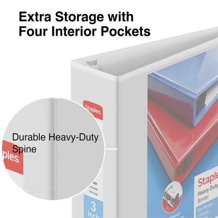 Staples Heavy Duty 3" 3-Ring View Binders, D-Ring, White, 4/Pack