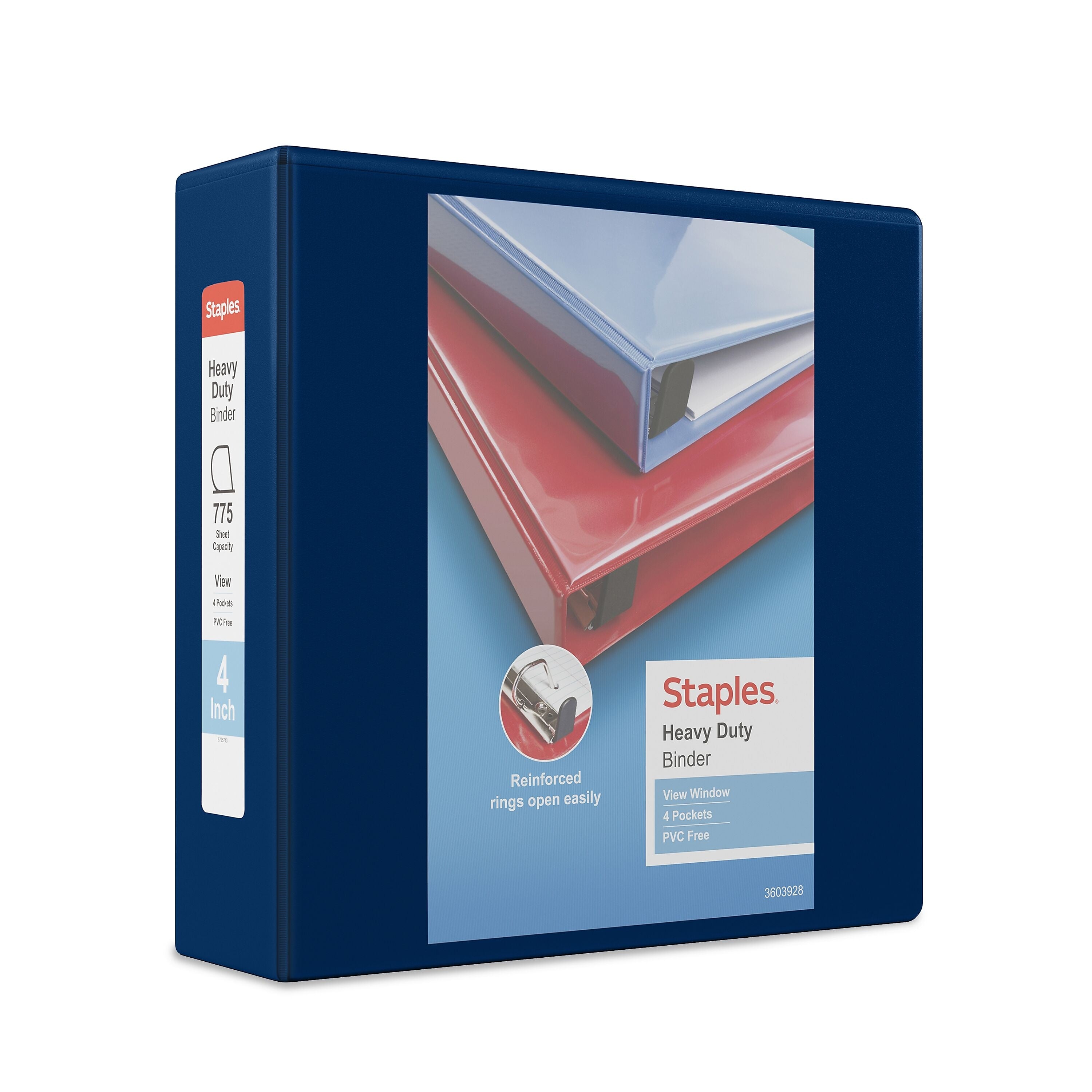 Staples Heavy Duty 4" 3-Ring View Binder, D-Ring, Navy Blue