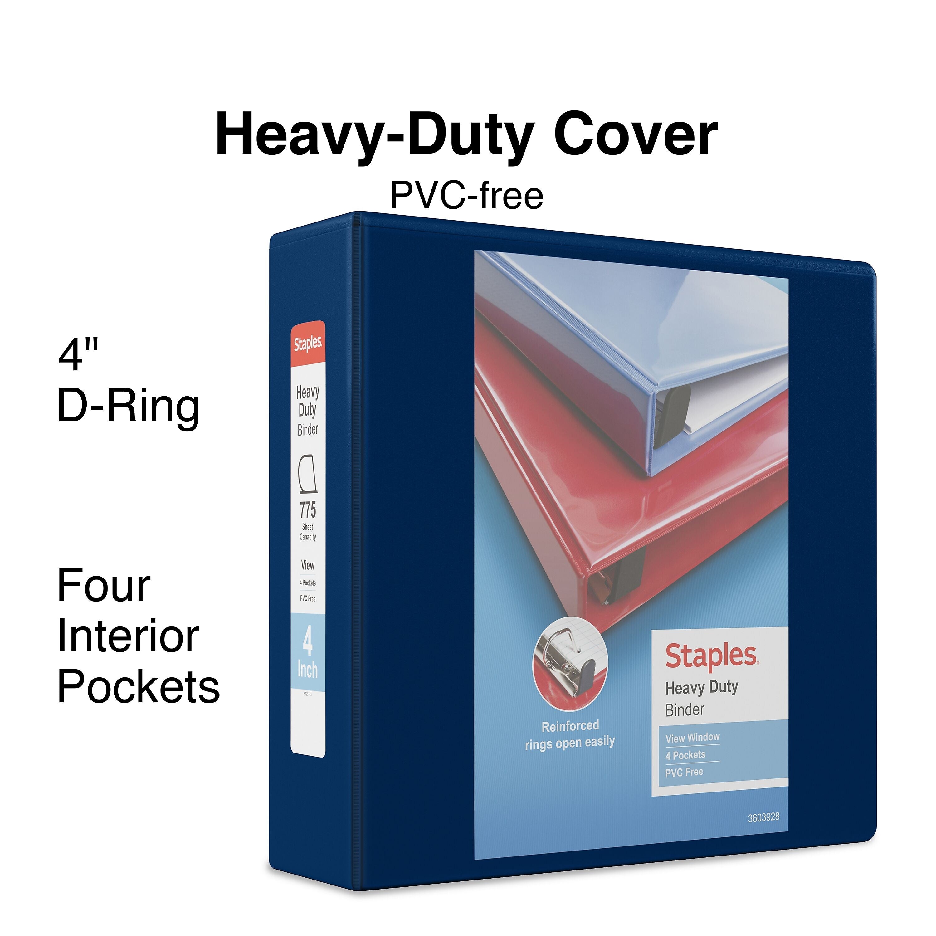 Staples Heavy Duty 4" 3-Ring View Binder, D-Ring, Navy Blue