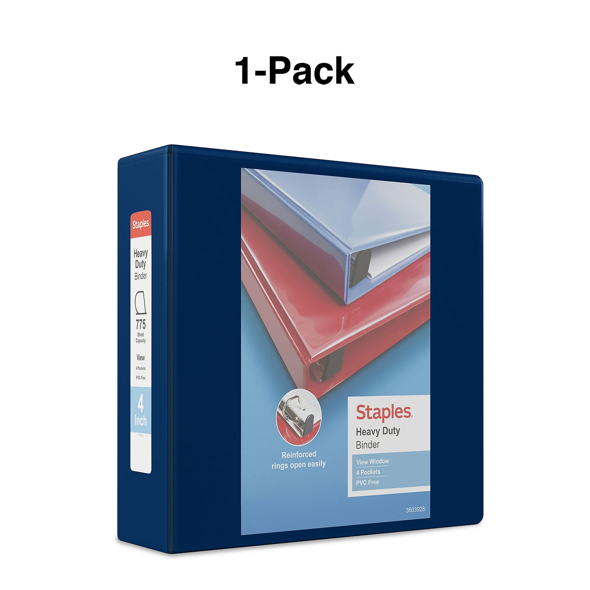 Staples Heavy Duty 4" 3-Ring View Binder, D-Ring, Navy Blue