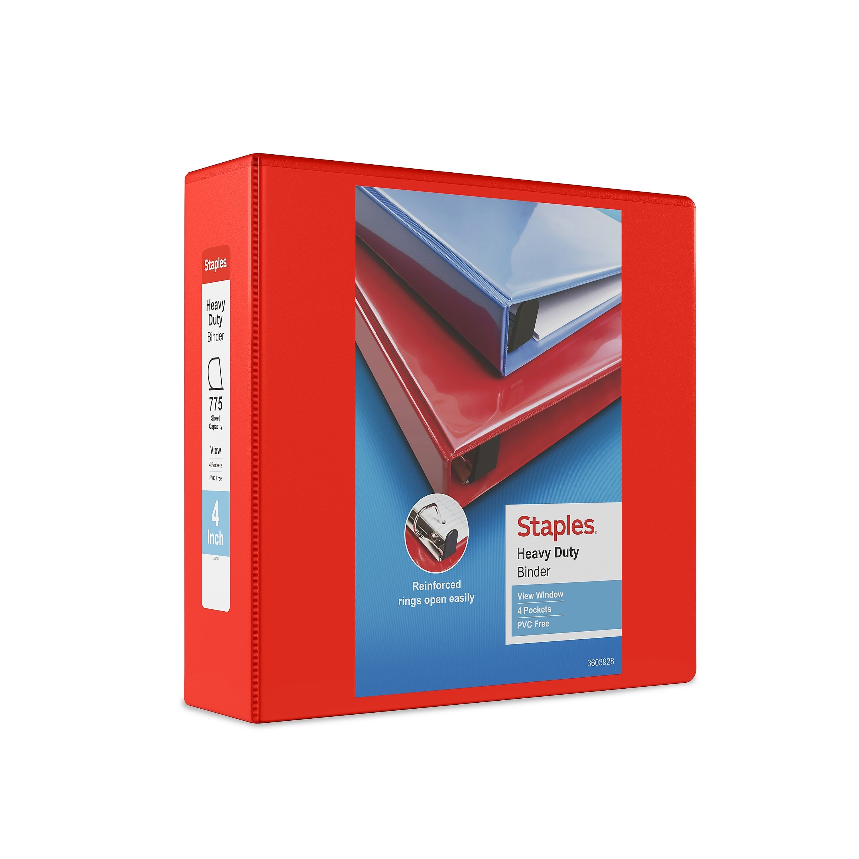 Staples Heavy Duty 4" 3-Ring View Binder, D-Ring, Red