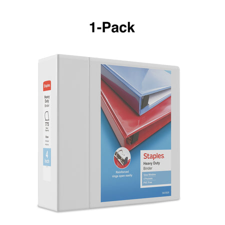 Staples Heavy Duty 4" 3-Ring View Binder, D-Ring, White