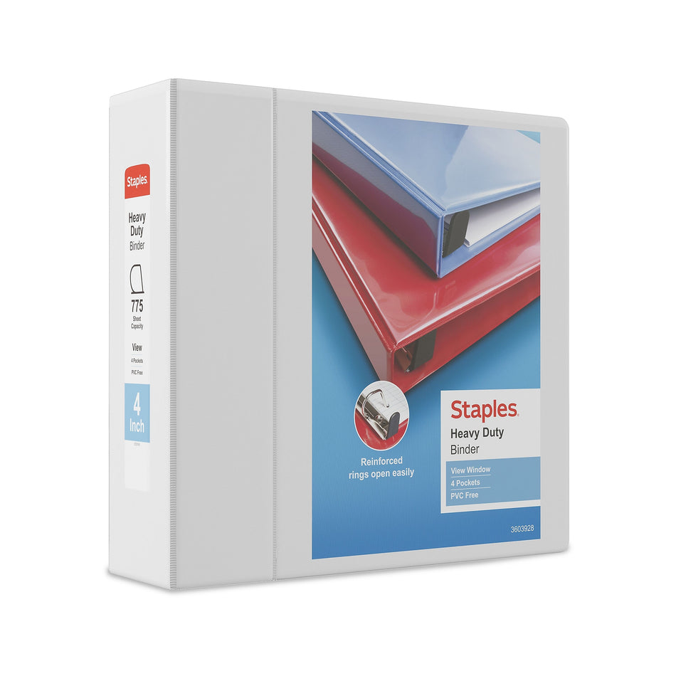 Staples Heavy Duty 4" 3-Ring View Binders, D-Ring, White, 4/Pack