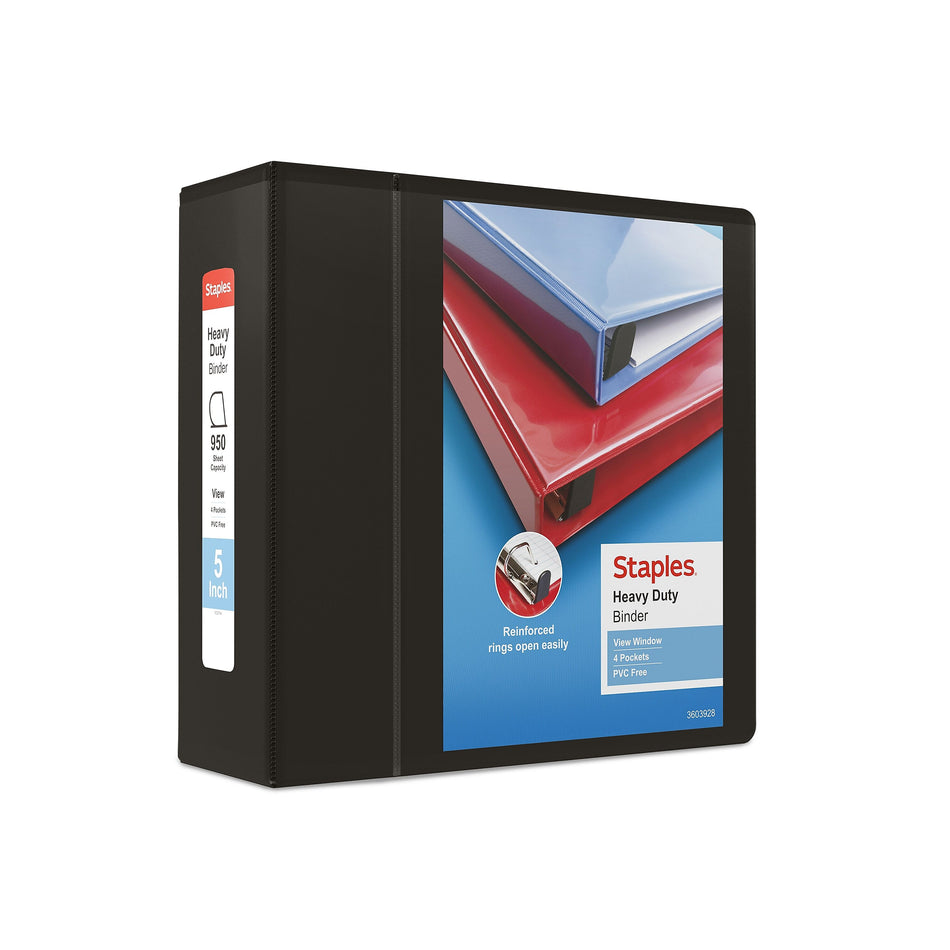 Staples Heavy Duty 5" 3-Ring View Binder, D-Ring, Black