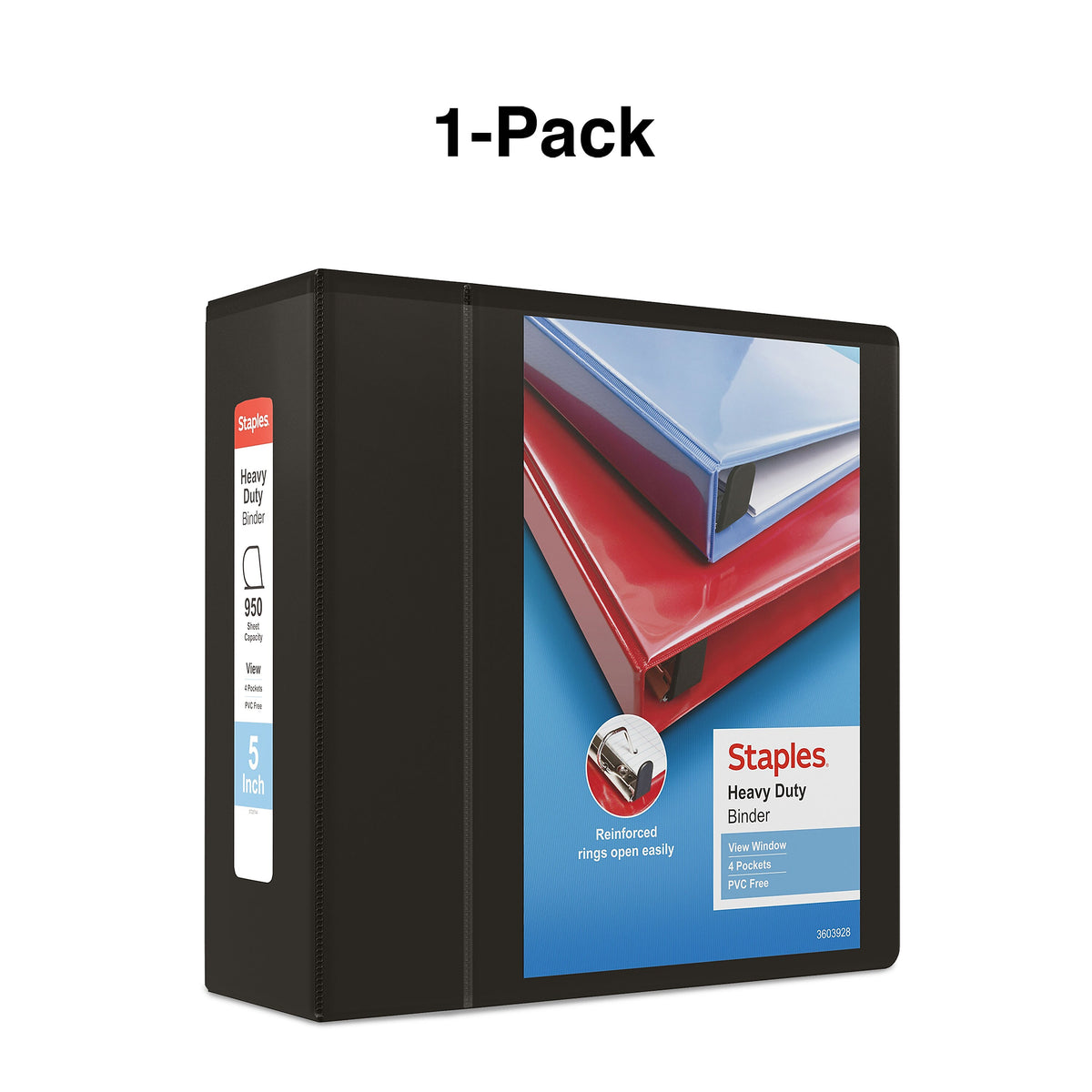 Staples Heavy Duty 5" 3-Ring View Binder, D-Ring, Black