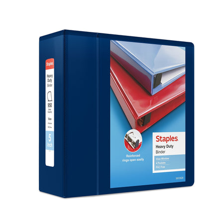 Staples Heavy Duty 5" 3-Ring View Binder, D-Ring, Navy Blue