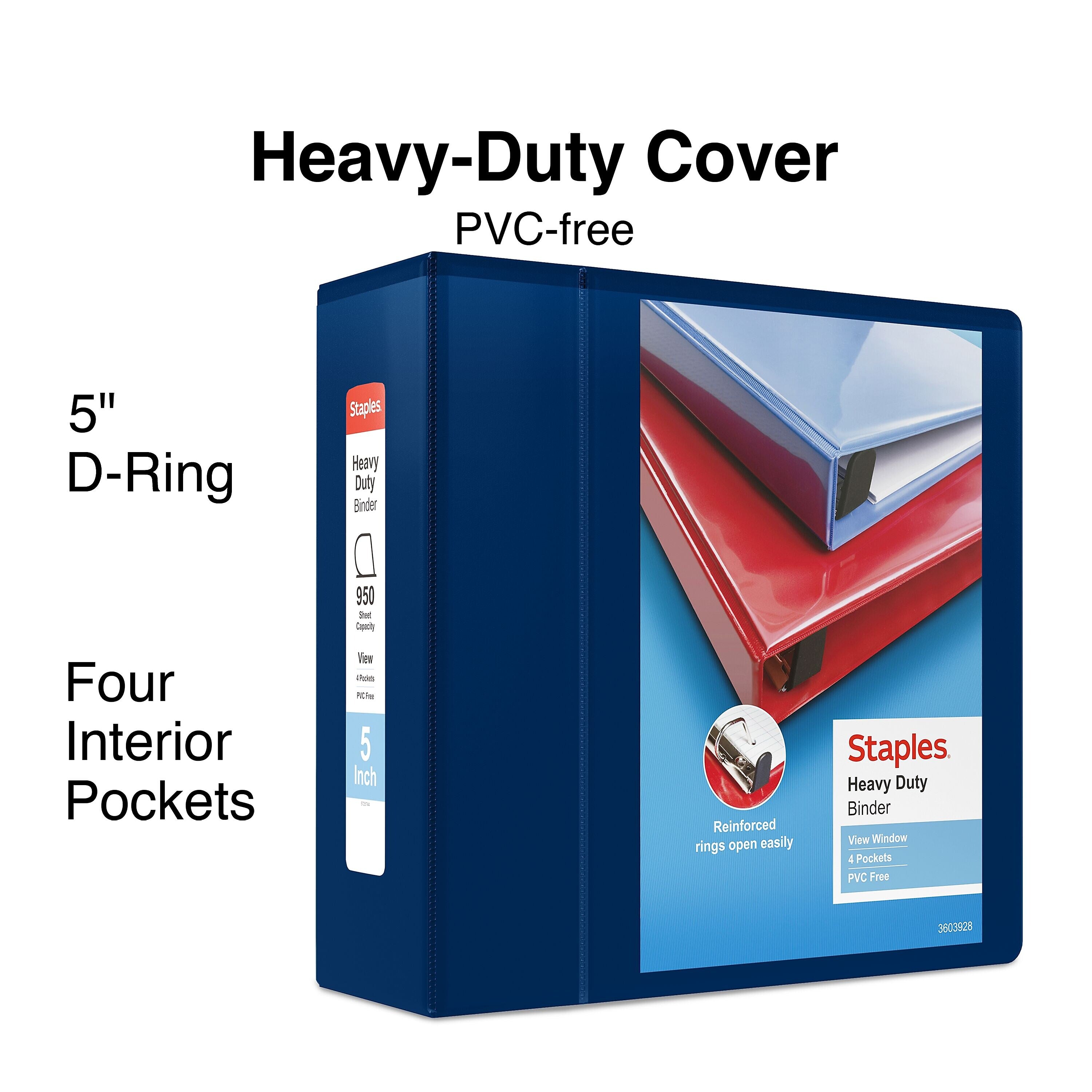 Staples Heavy Duty 5" 3-Ring View Binder, D-Ring, Navy Blue