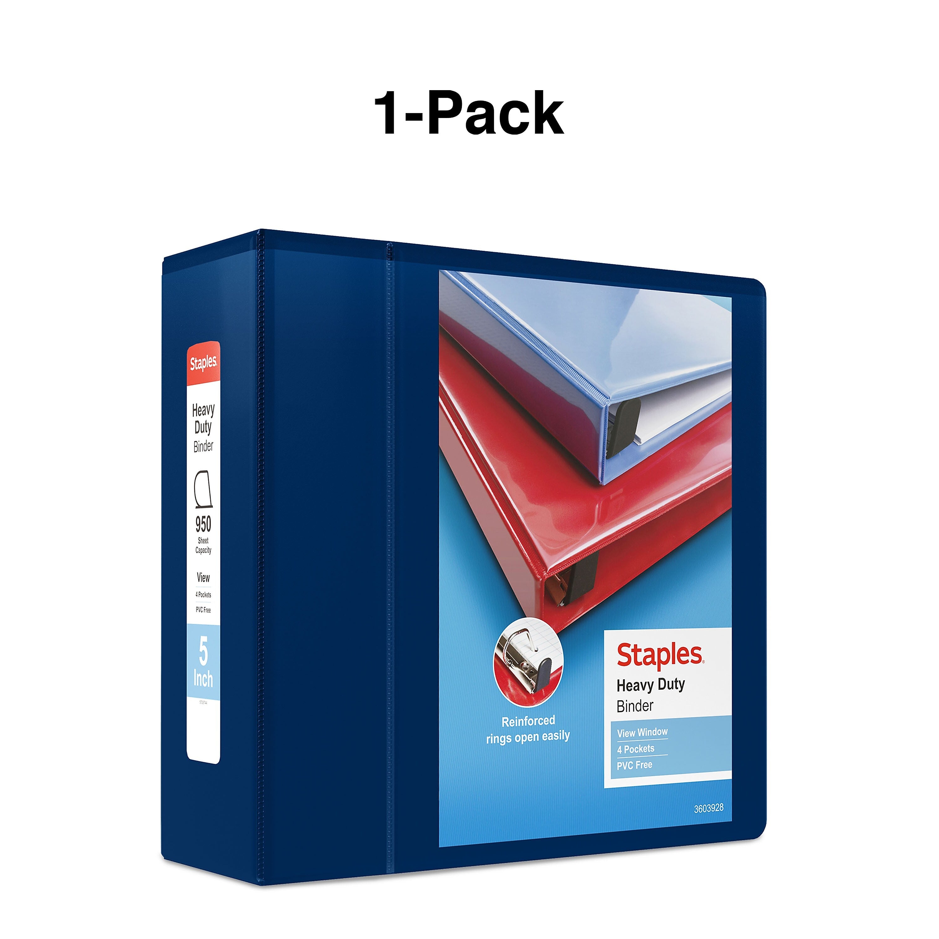 Staples Heavy Duty 5" 3-Ring View Binder, D-Ring, Navy Blue