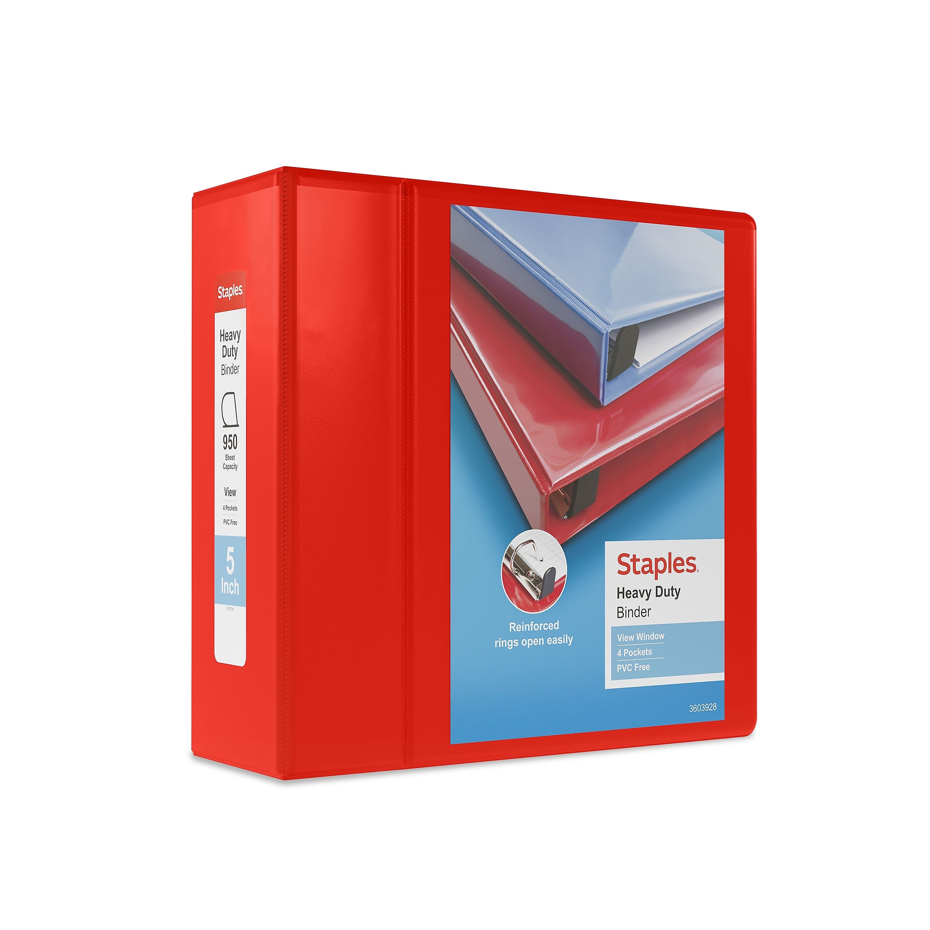 Staples Heavy Duty 5" 3-Ring View Binder, D-Ring, Red