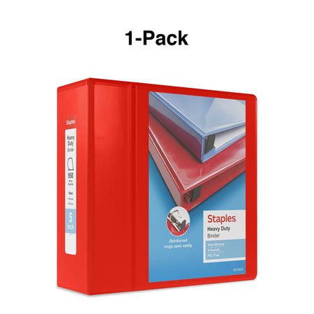 Staples Heavy Duty 5" 3-Ring View Binder, D-Ring, Red