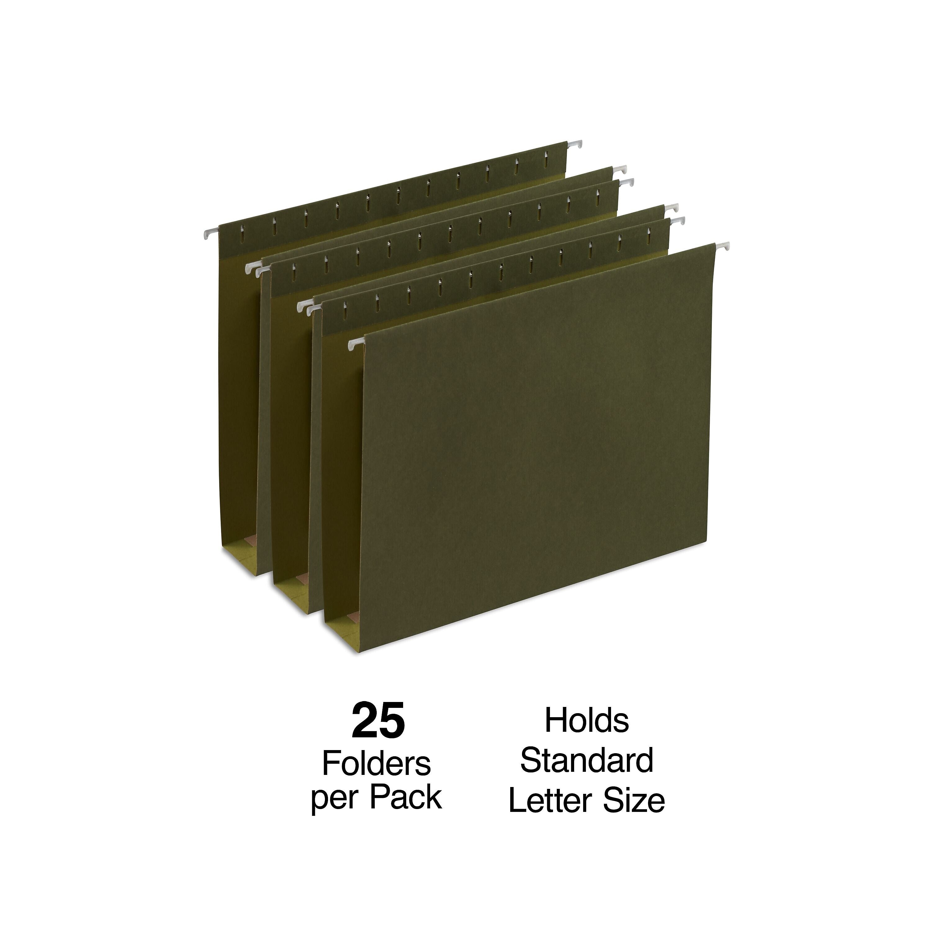 Staples Heavy Duty Box-Bottom Hanging File Folders, 2" Expansion, 1/5-Cut Tab, Letter Size, Green, 25/Box