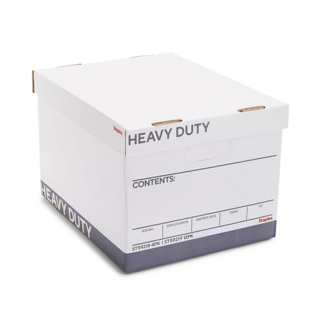 Staples Heavy Duty File Box, Lift Off Lid, Letter/Legal, White/Gray, 4/Carton