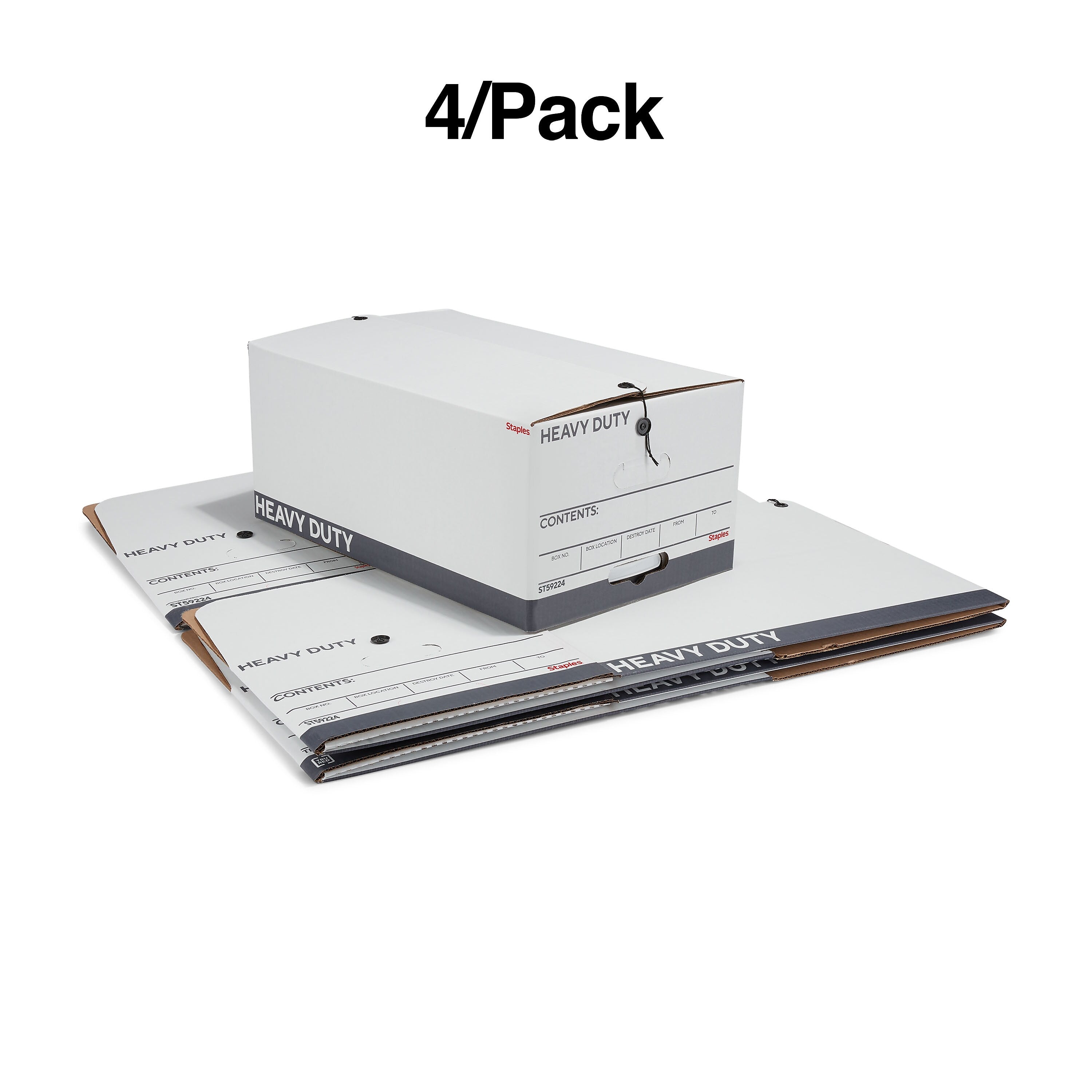 Staples Heavy Duty File Box, String and Button Lid, Legal, White/Gray, 4/Pack