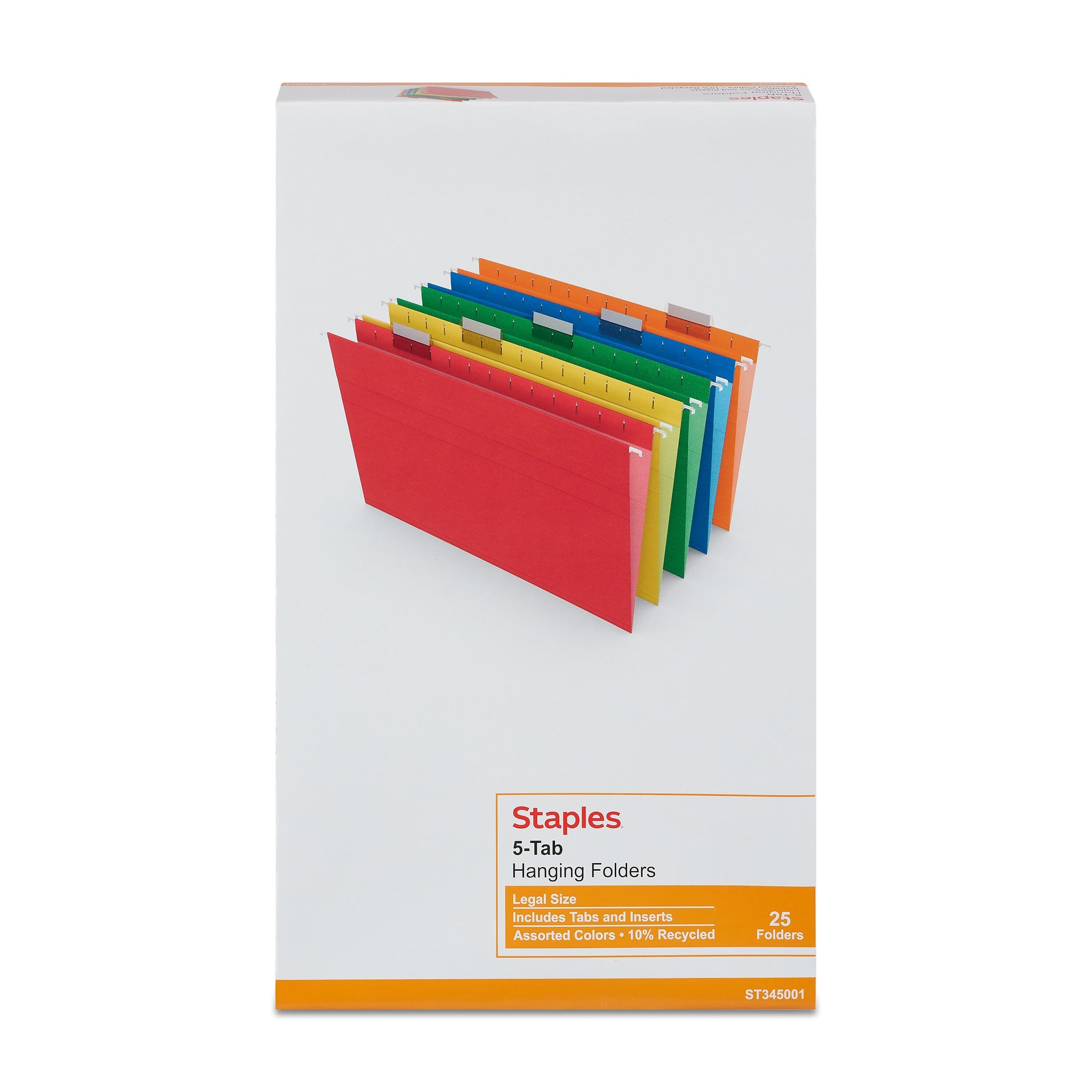 Staples Heavy Duty Hanging File Folders, 1/5-Cut Tab, Legal Size, Assorted Colors, 25/Box