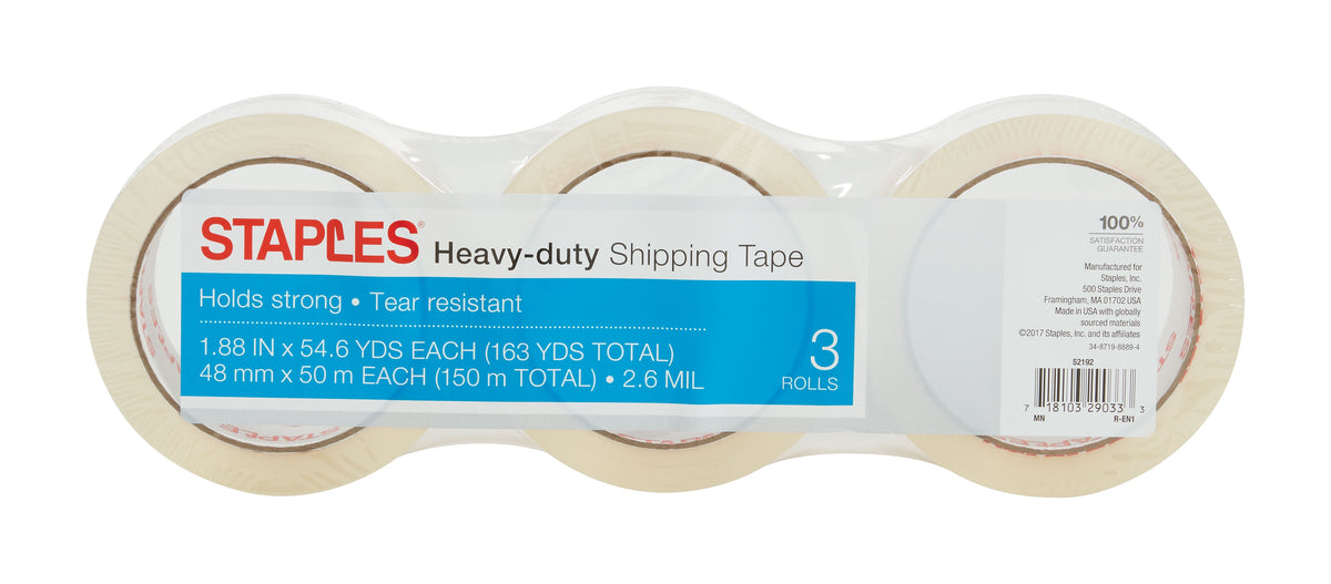 Staples® Heavy Duty Packing Tape, 1.88" x 54.6 yds., Clear, 3/Pack