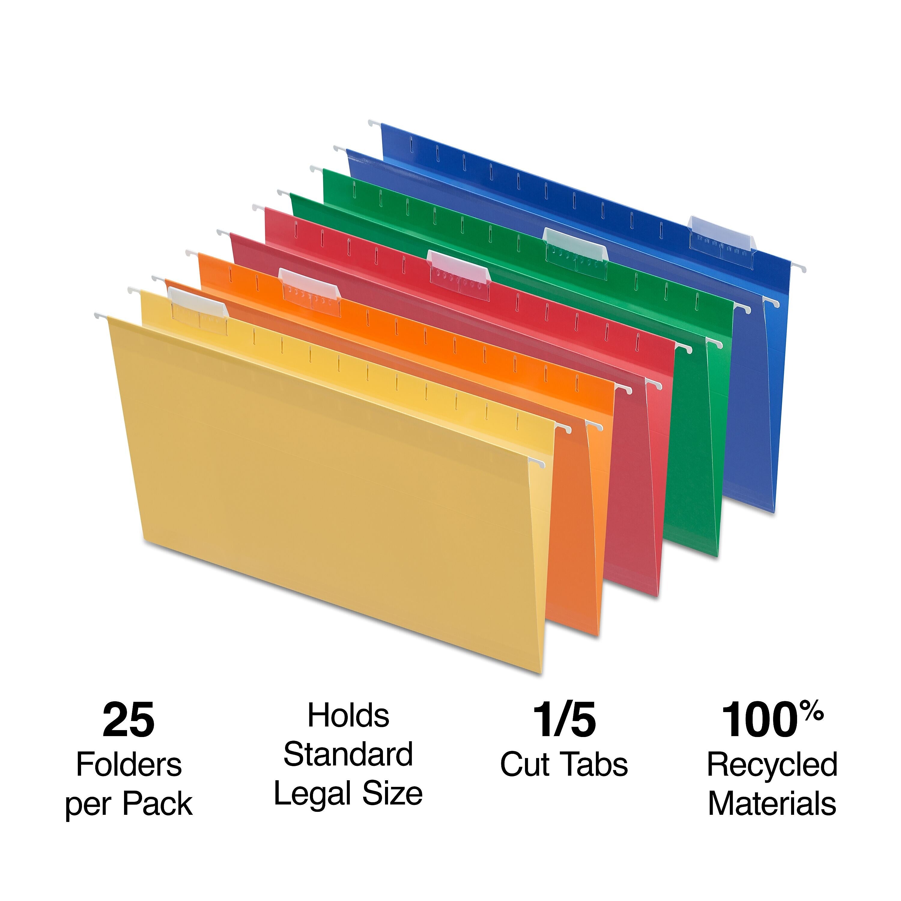 Staples Heavy Duty Reinforced Hanging File Folders, 1/5-Cut Tab, Legal Size, Assorted Colors, 25/Box