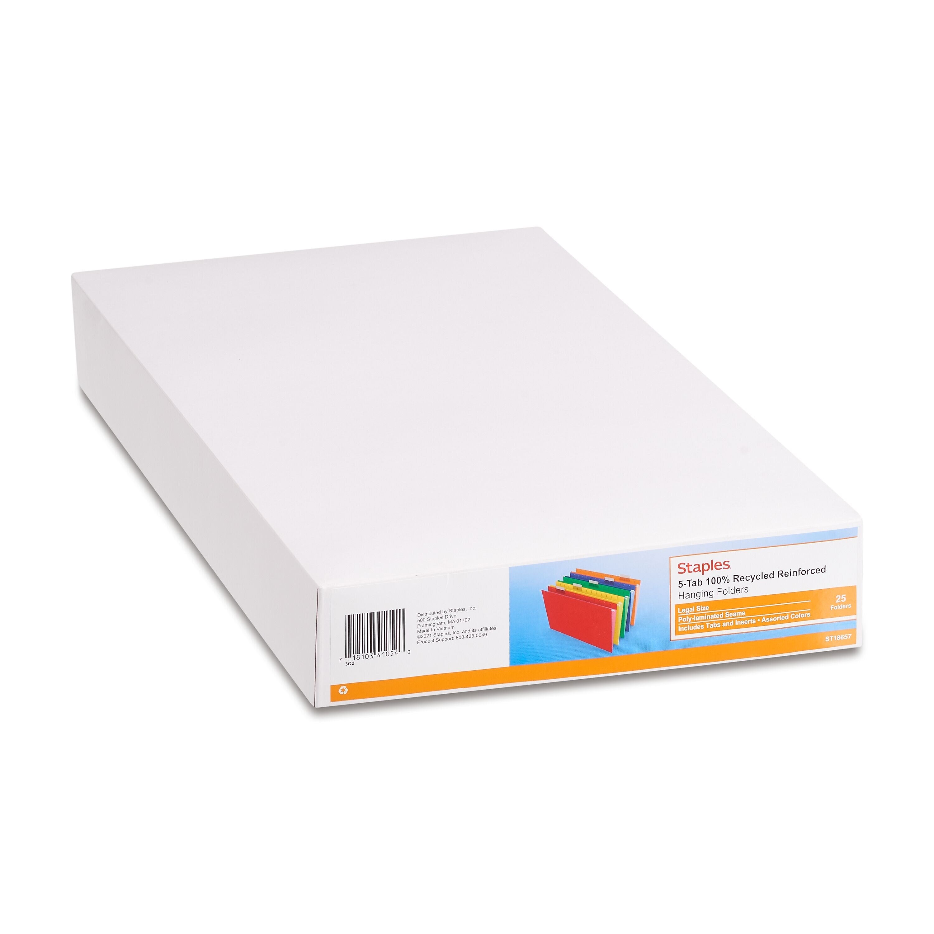 Staples Heavy Duty Reinforced Hanging File Folders, 1/5-Cut Tab, Legal Size, Assorted Colors, 25/Box