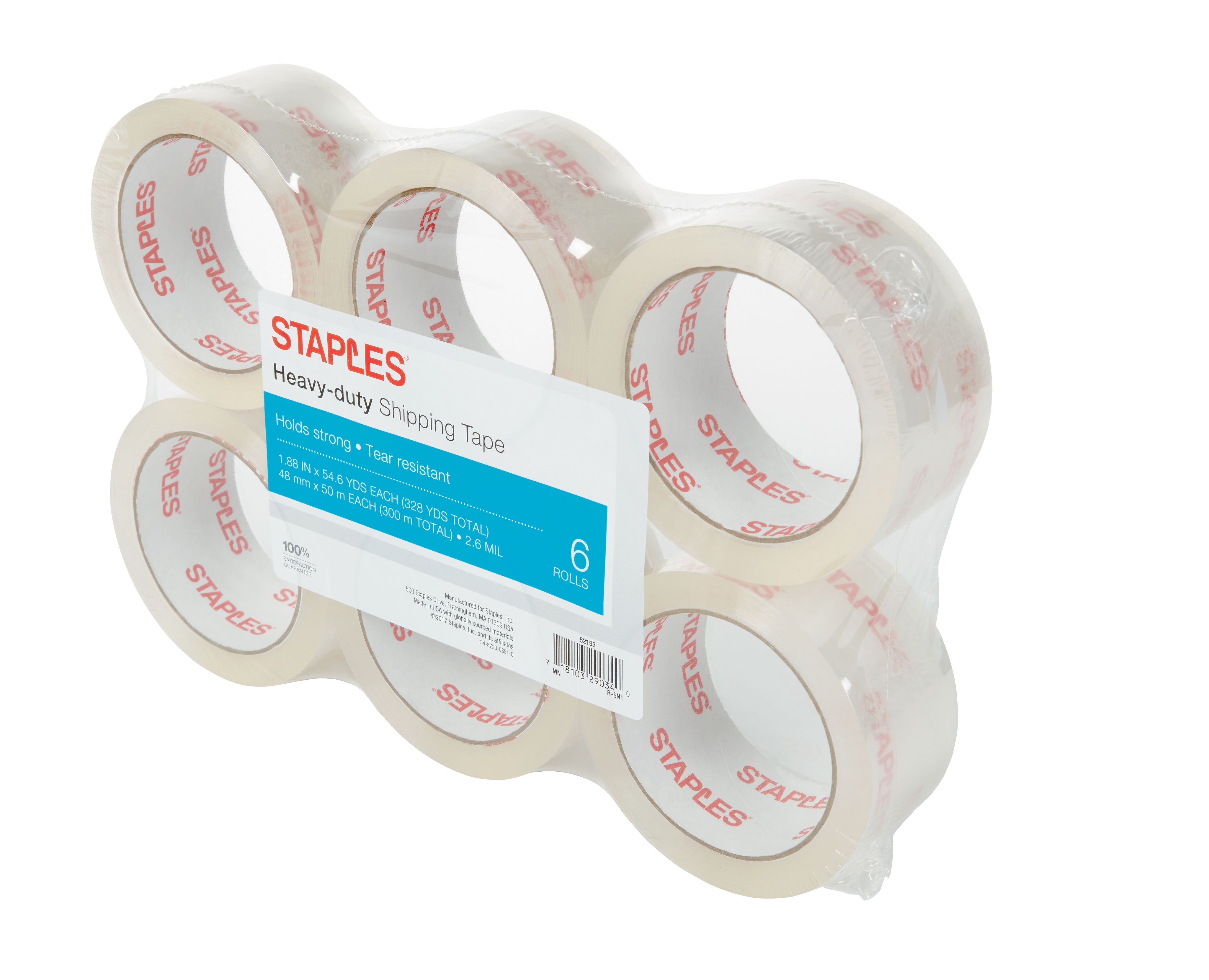 Staples Heavy Duty Shipping Packing Tape, 1.88" x 54.6 yds., Clear, 6/Pack