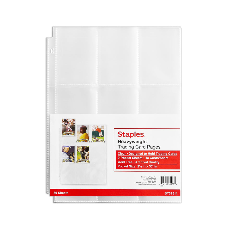 Staples Heavy Weight Trading Card Pages, 8.5" x 11", Clear, 50/Pack