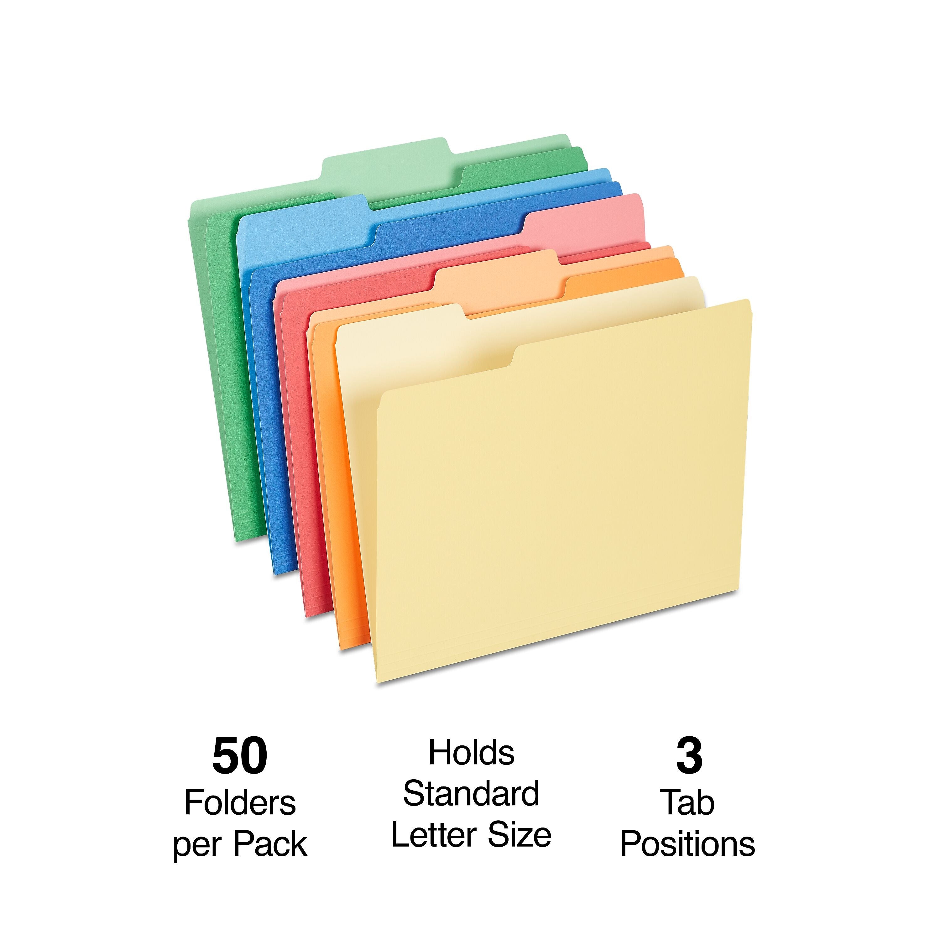 Staples Heavyweight File Folders, 1/3-Cut Tab, Letter Size, Assorted Colors, 50/Box