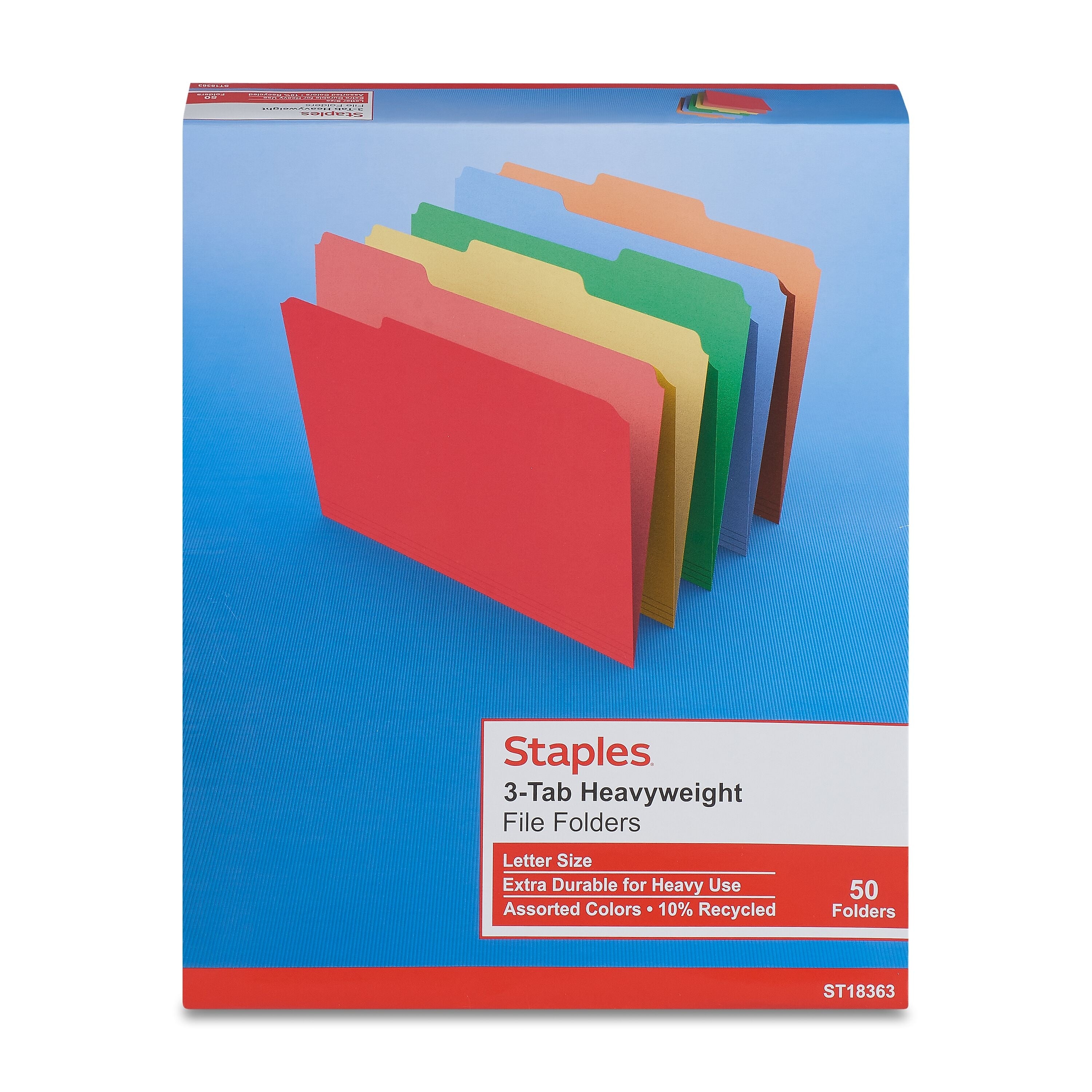 Staples Heavyweight File Folders, 1/3-Cut Tab, Letter Size, Assorted Colors, 50/Box