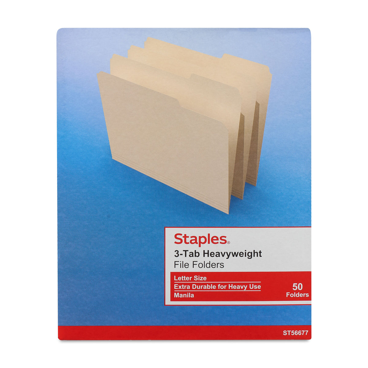 Staples Heavyweight File Folders, 1/3-Cut Tab, Letter Size, Manila, 50/Box