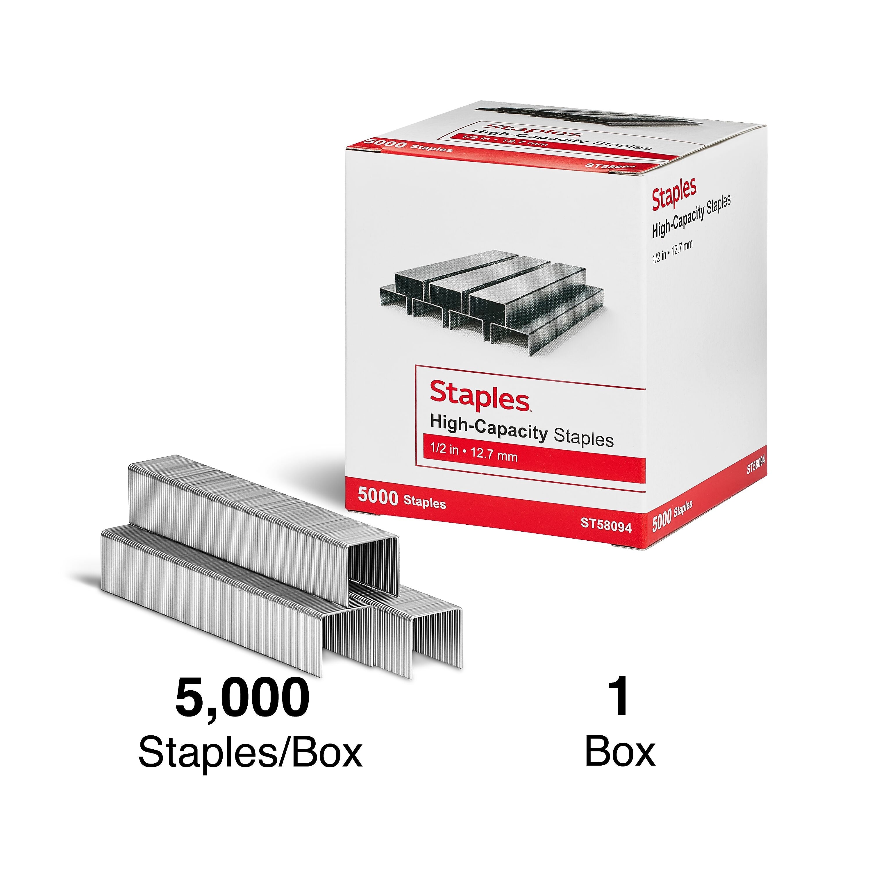 Staples High-Capacity Staples, 1/2" Leg Length, 5000/Box