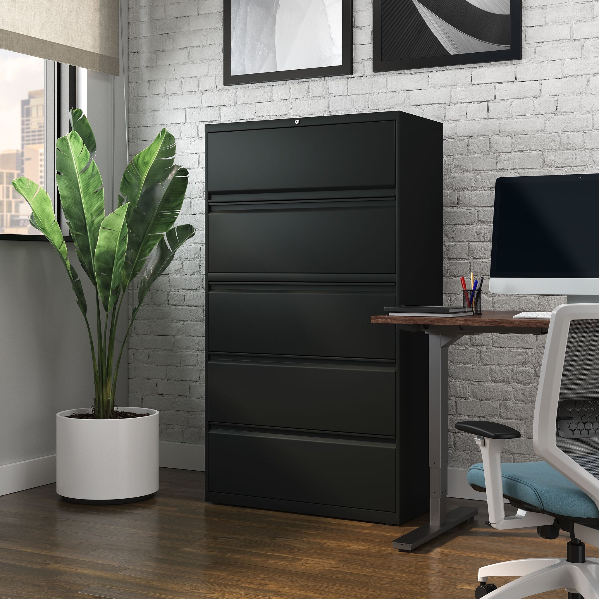 Staples HL8000 Commercial 5-Drawer Lateral File Cabinet, Locking, Letter/Legal, Black, 36