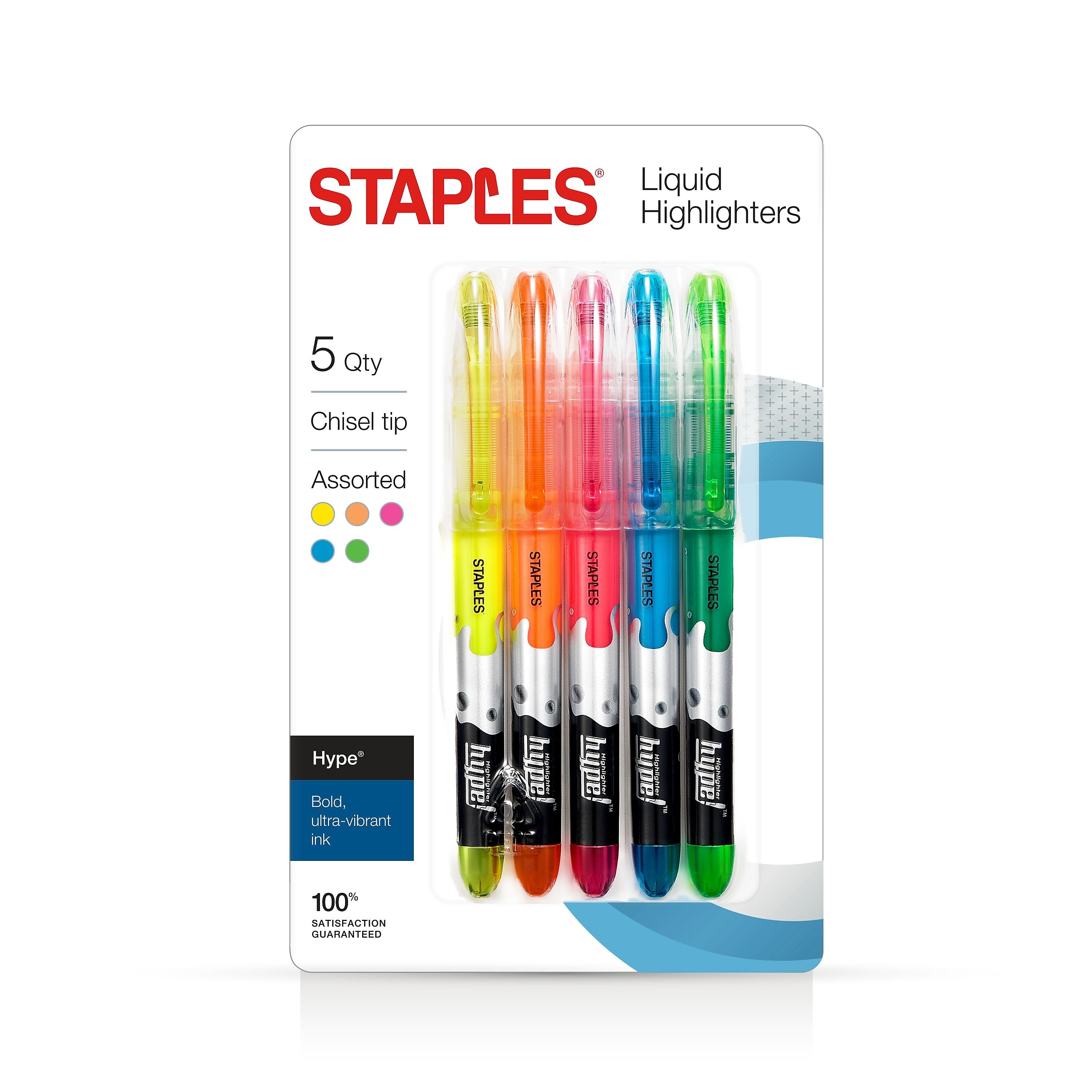 Staples® Hype! Stick Highlighters, Chisel Tip, Assorted, 5/Pack