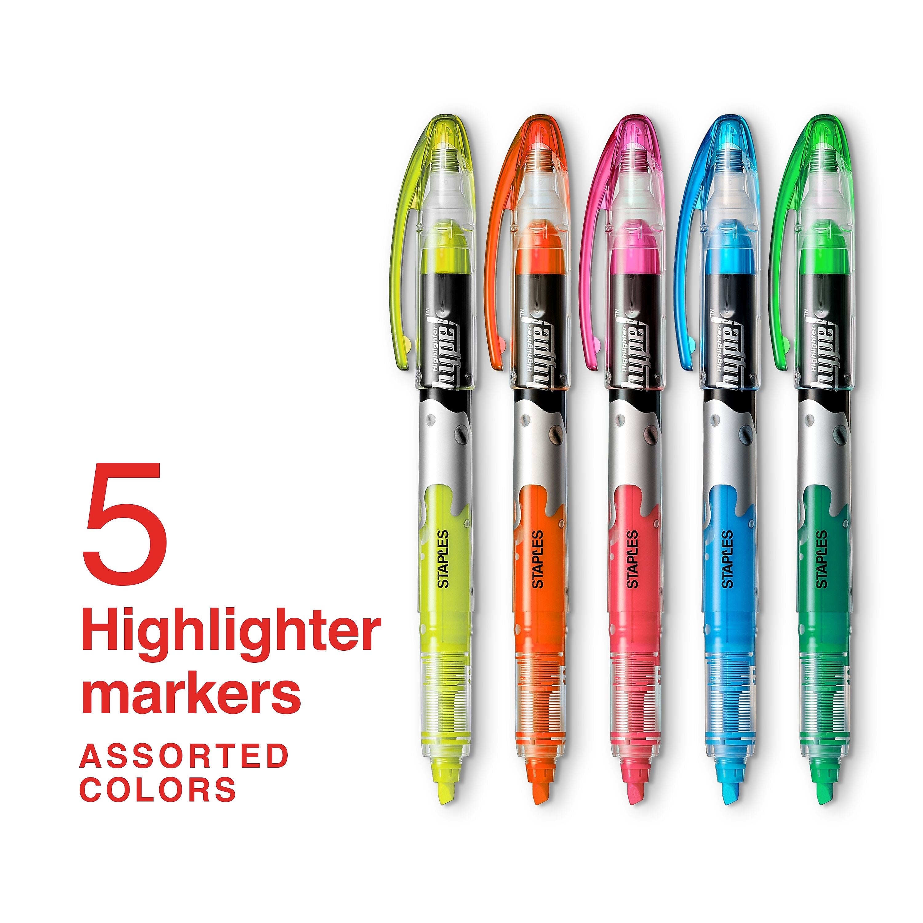 Staples® Hype! Stick Highlighters, Chisel Tip, Assorted, 5/Pack