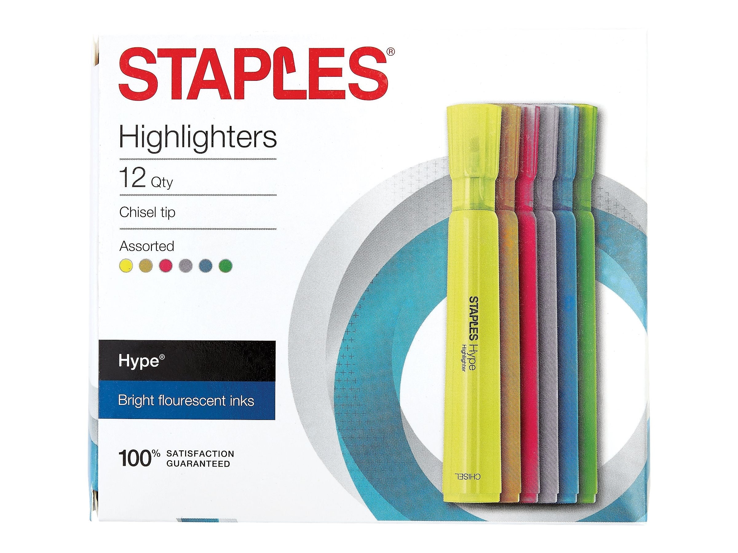 Staples Hype Tank Highlighters, Chisel Tip, Assorted, Dozen