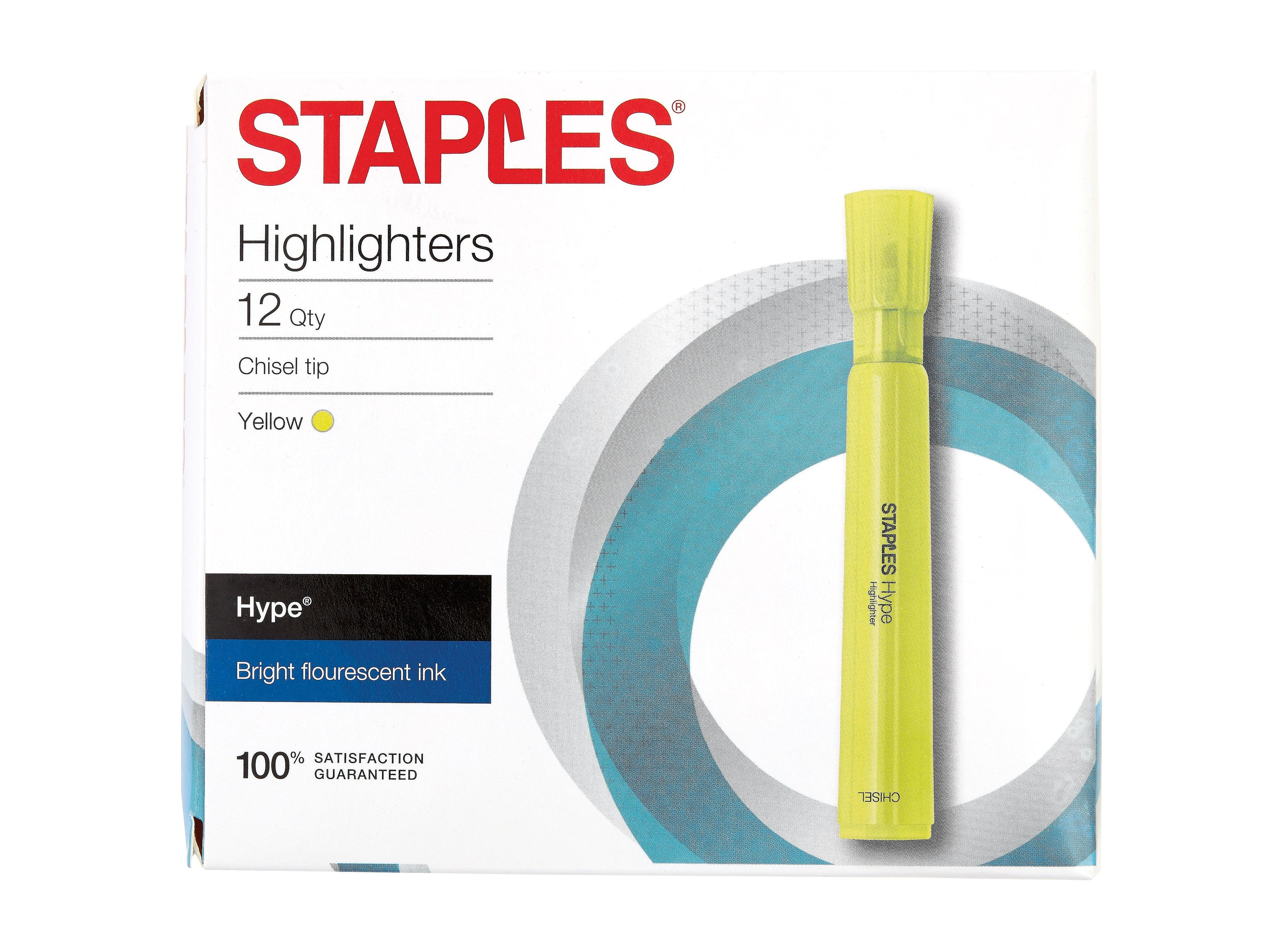 Staples Hype Tank Highlighters, Chisel Tip, Yellow, Dozen