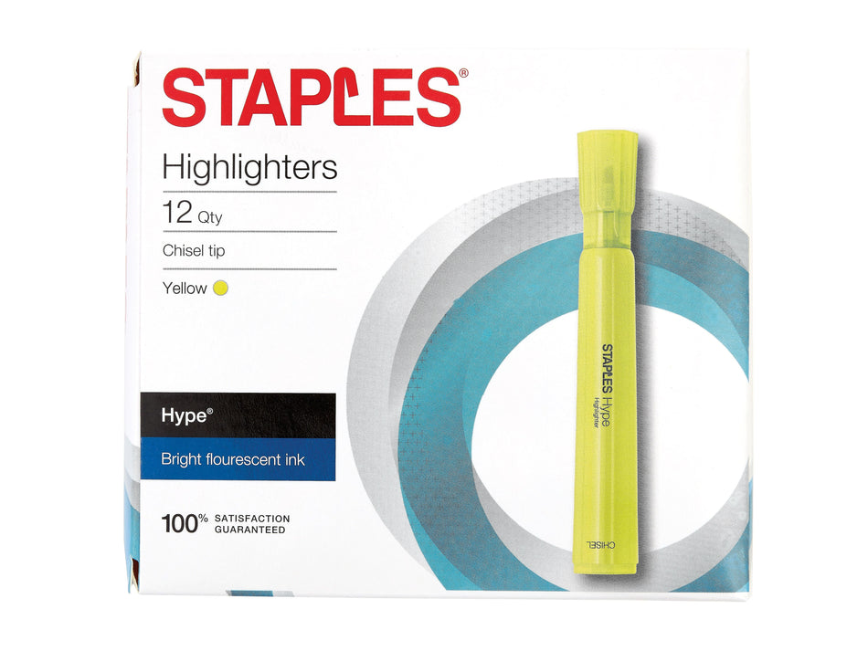 Staples Hype Tank Highlighters, Chisel Tip, Yellow, Dozen