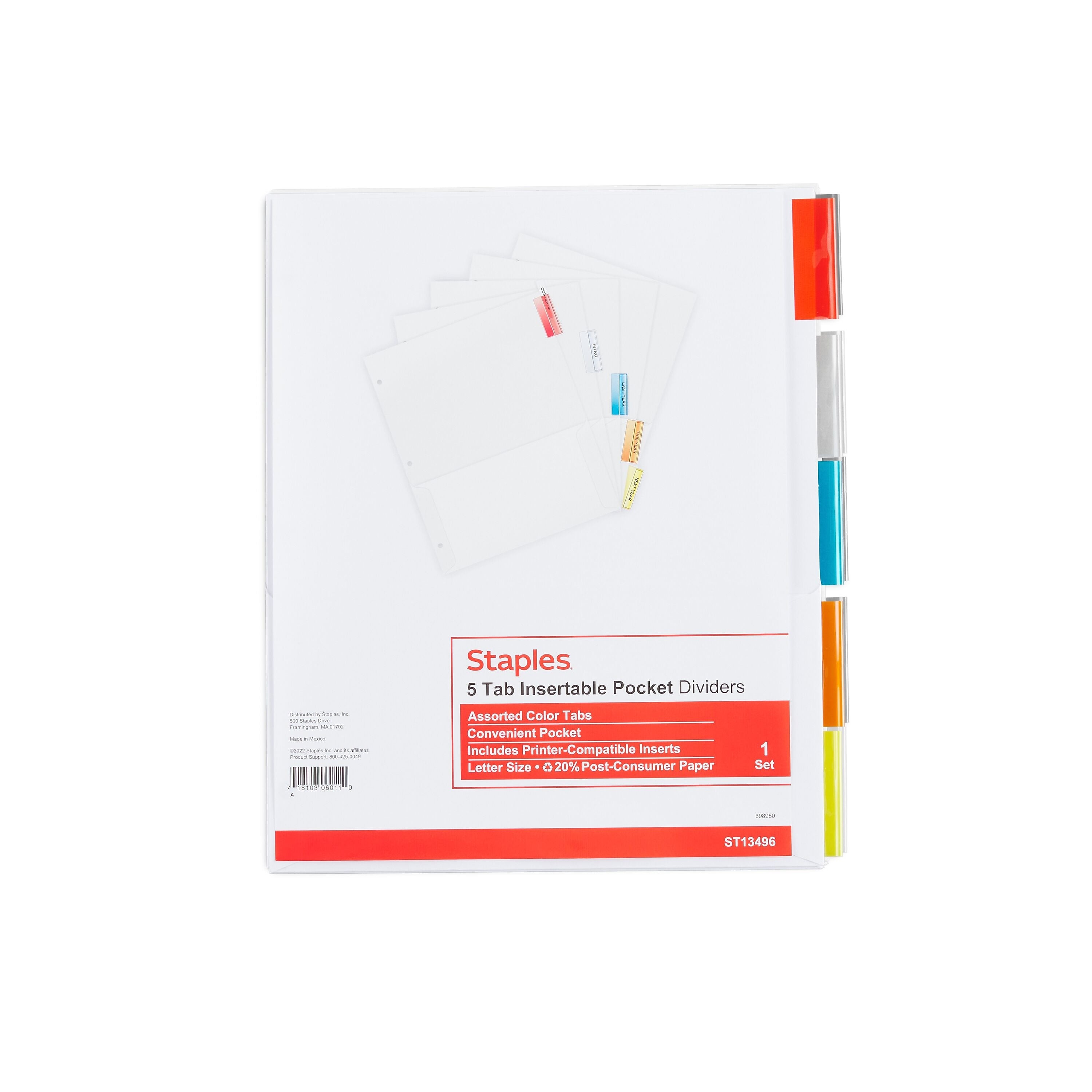 Staples Insertable Paper Dividers, 5-Tab, Assorted Colors