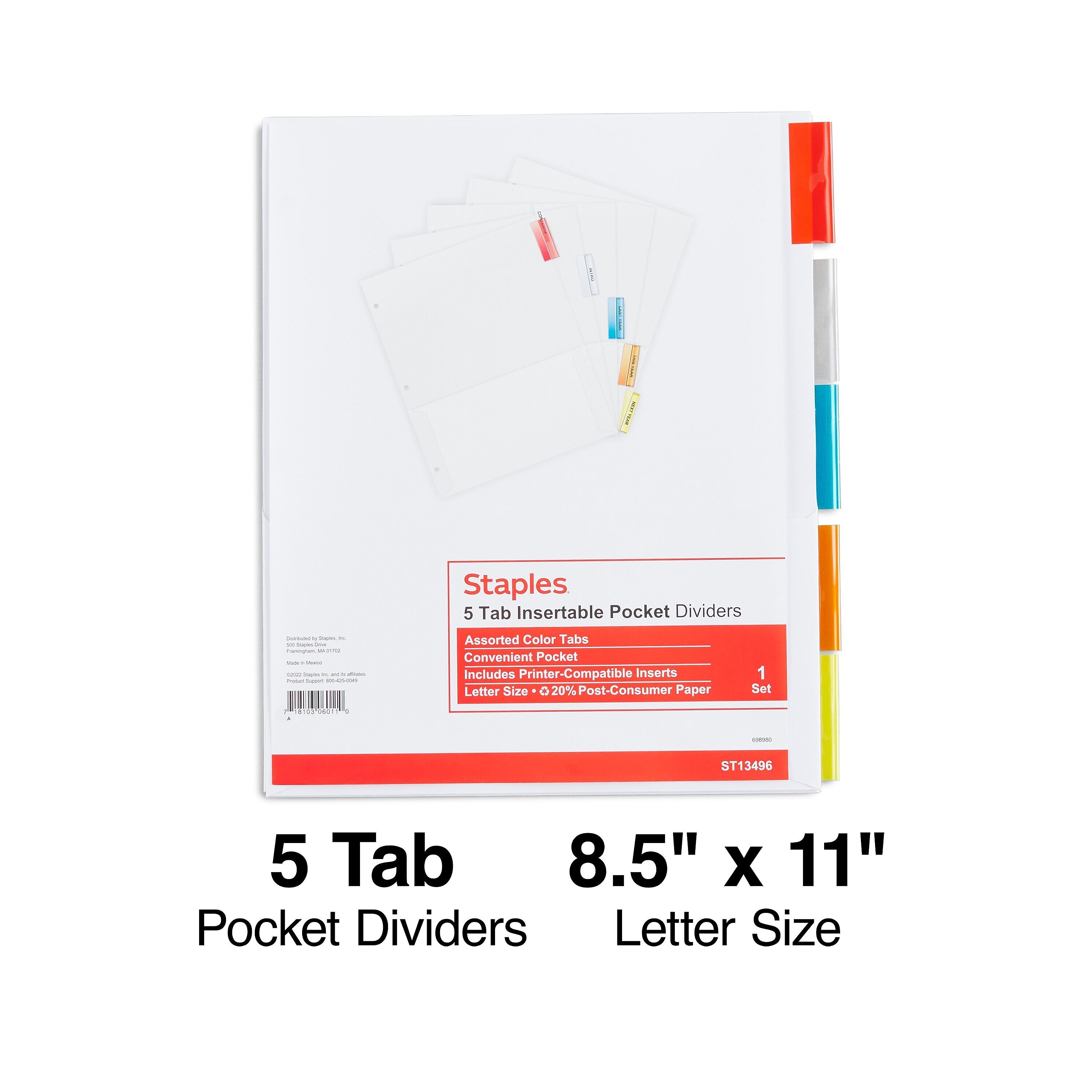 Staples Insertable Paper Dividers, 5-Tab, Assorted Colors