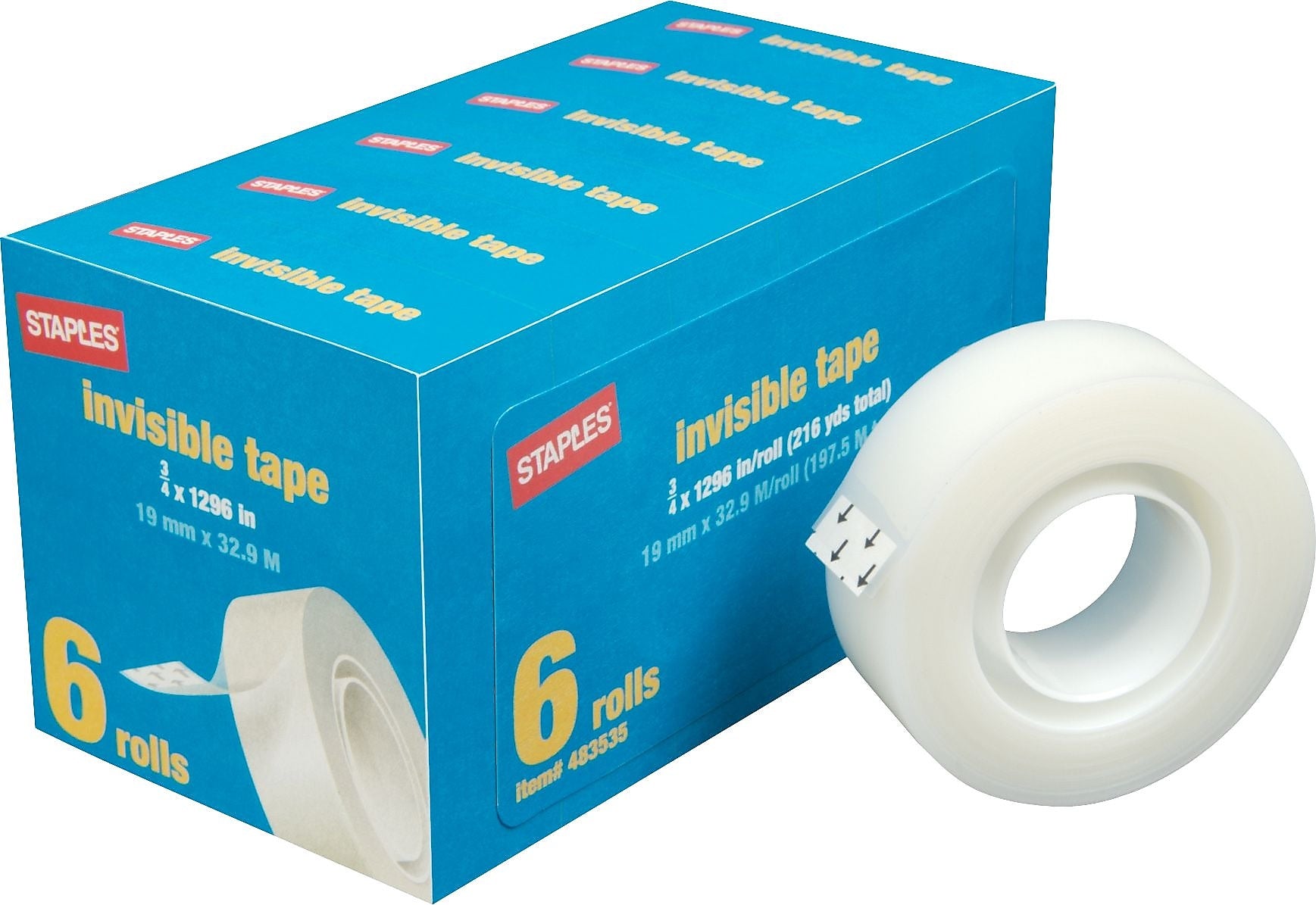 Staples® Invisible Clear Tape, 0.75" x 36 yds., 1 "Core, Transparent, 6 Rolls/Pack