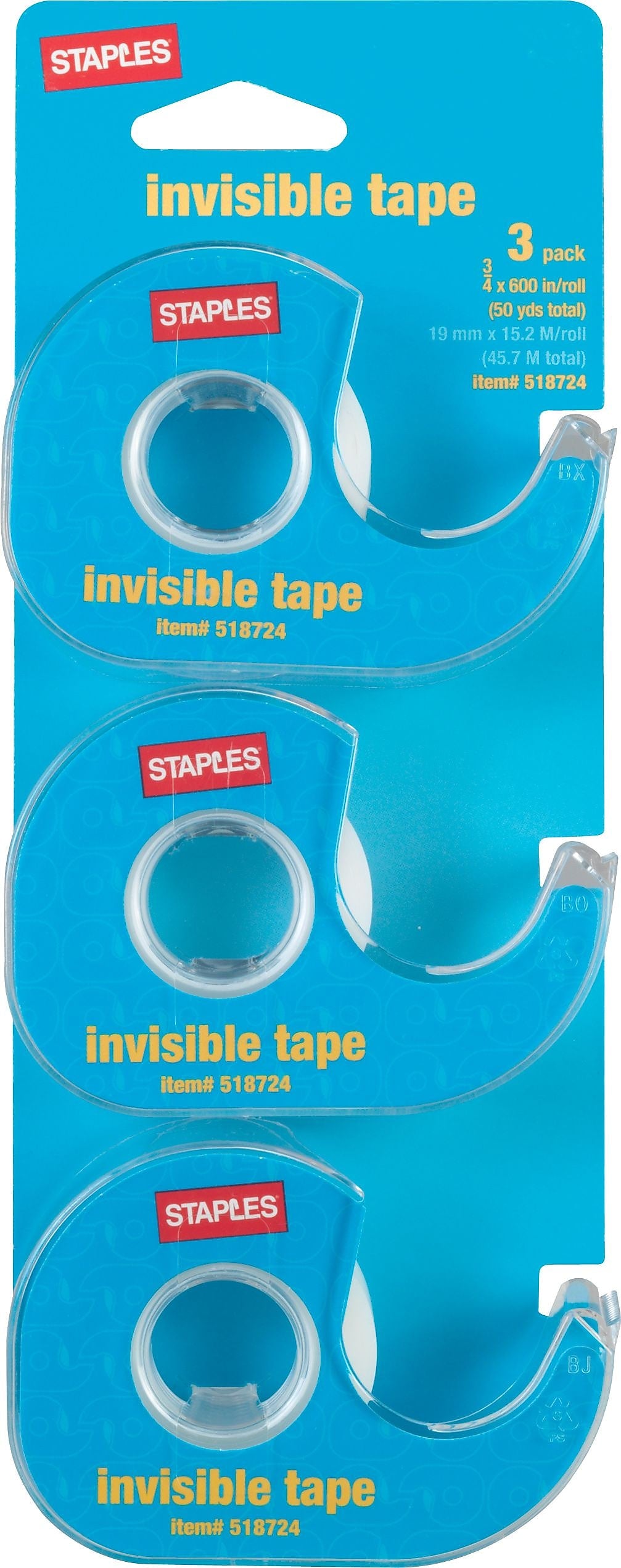 Staples® Invisible Clear Tape With Dispenser, 0.75" x 50 yds., Transparent, 3 Rolls/Pack