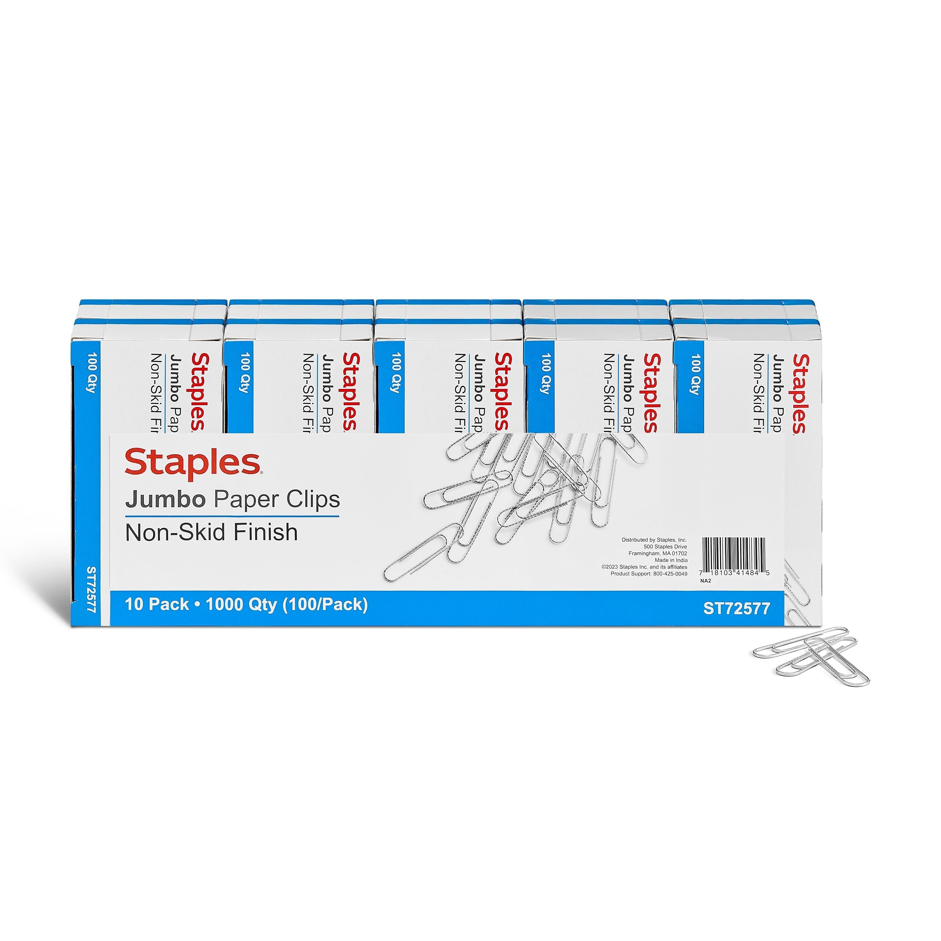 Staples® Jumbo Paper Clips, Nonskid, 100/Box, 10 Boxes/Pack