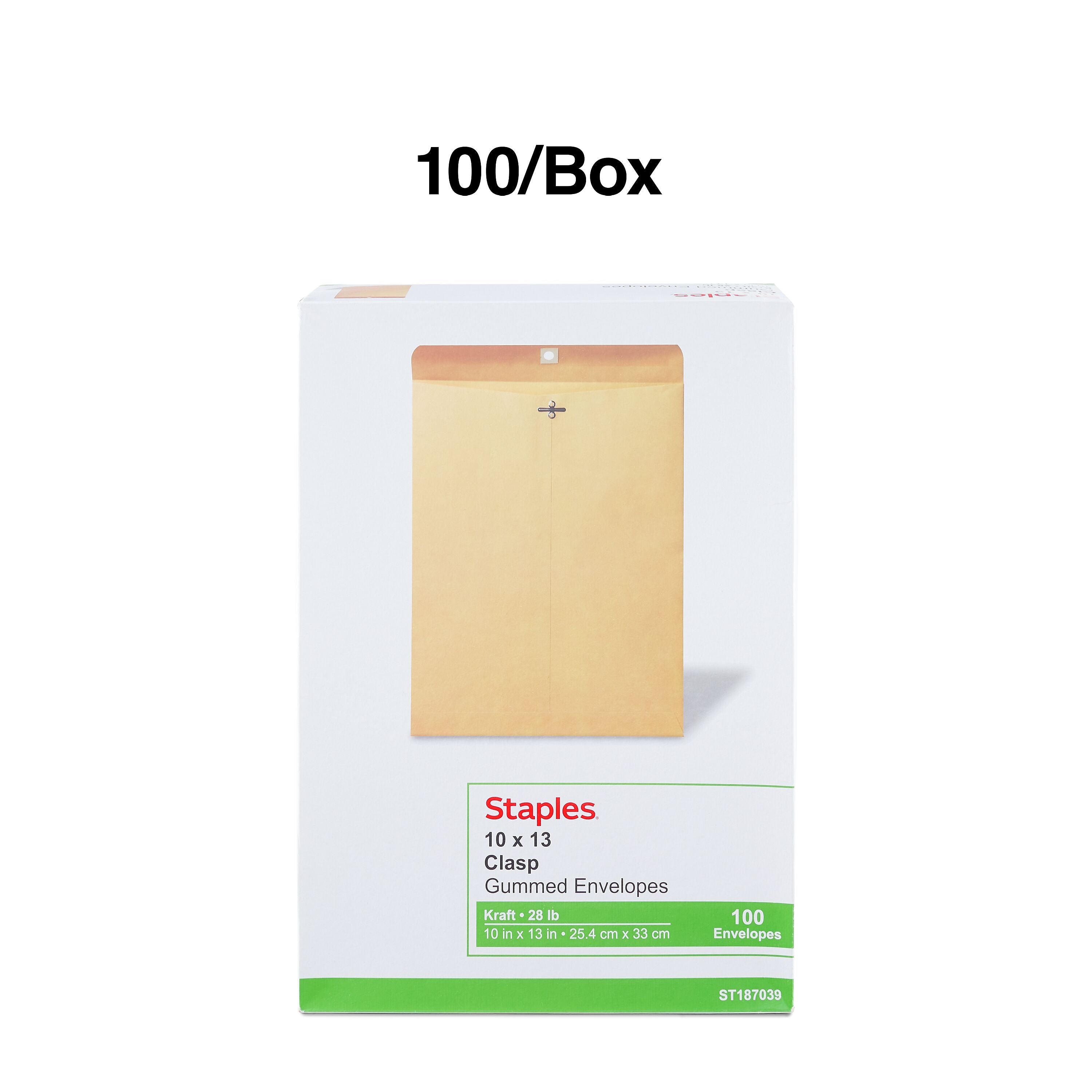 Staples Kraft Clasp & Gummed Catalog Envelopes, 10"L x 13"H, Brown, 100/Box