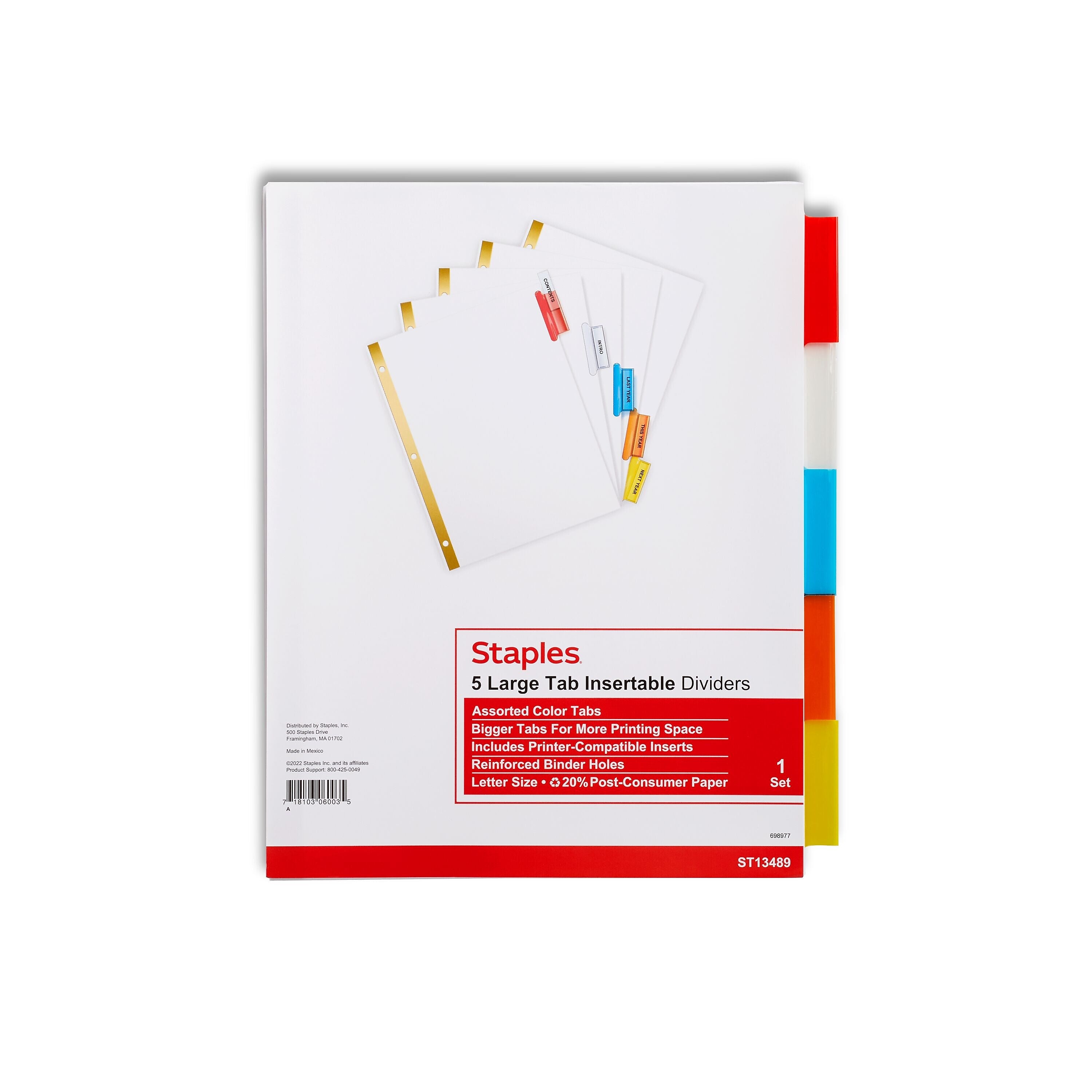 Staples Large Tab Insertable Dividers, 5-Tab, Assorted Colors
