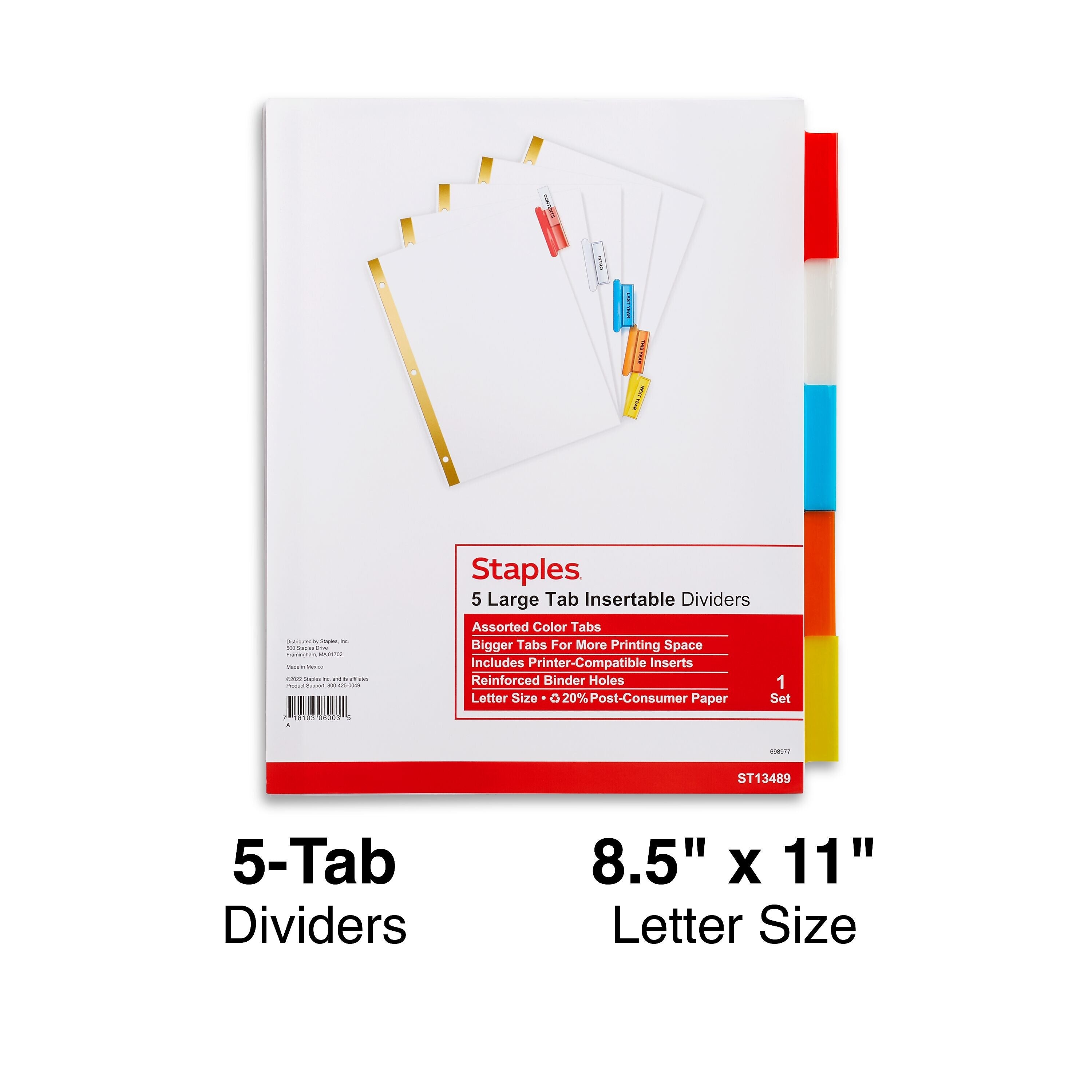 Staples Large Tab Insertable Dividers, 5-Tab, Assorted Colors