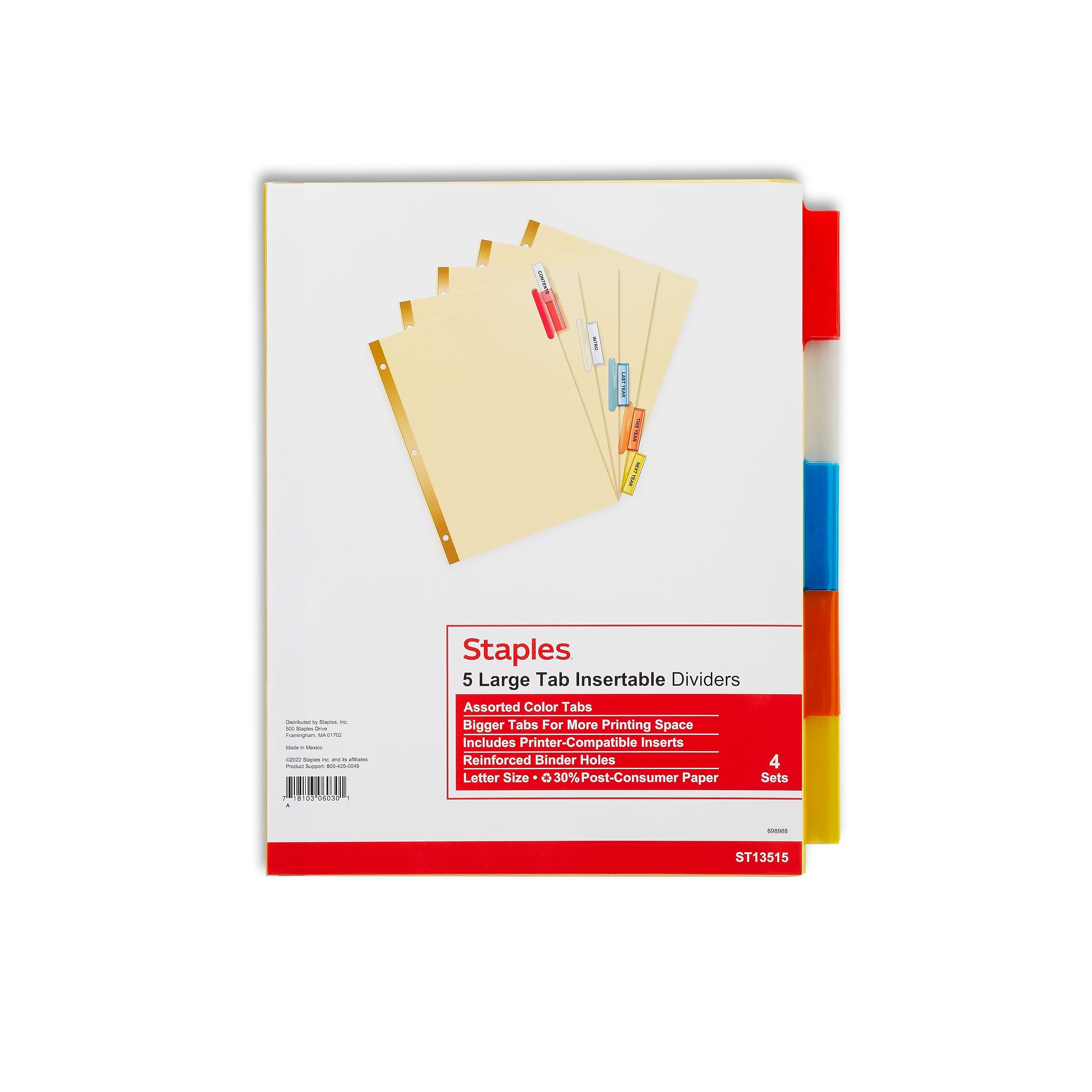 Staples Large Tab Insertable Dividers, 5-Tab, Assorted Colors, 4/Pack