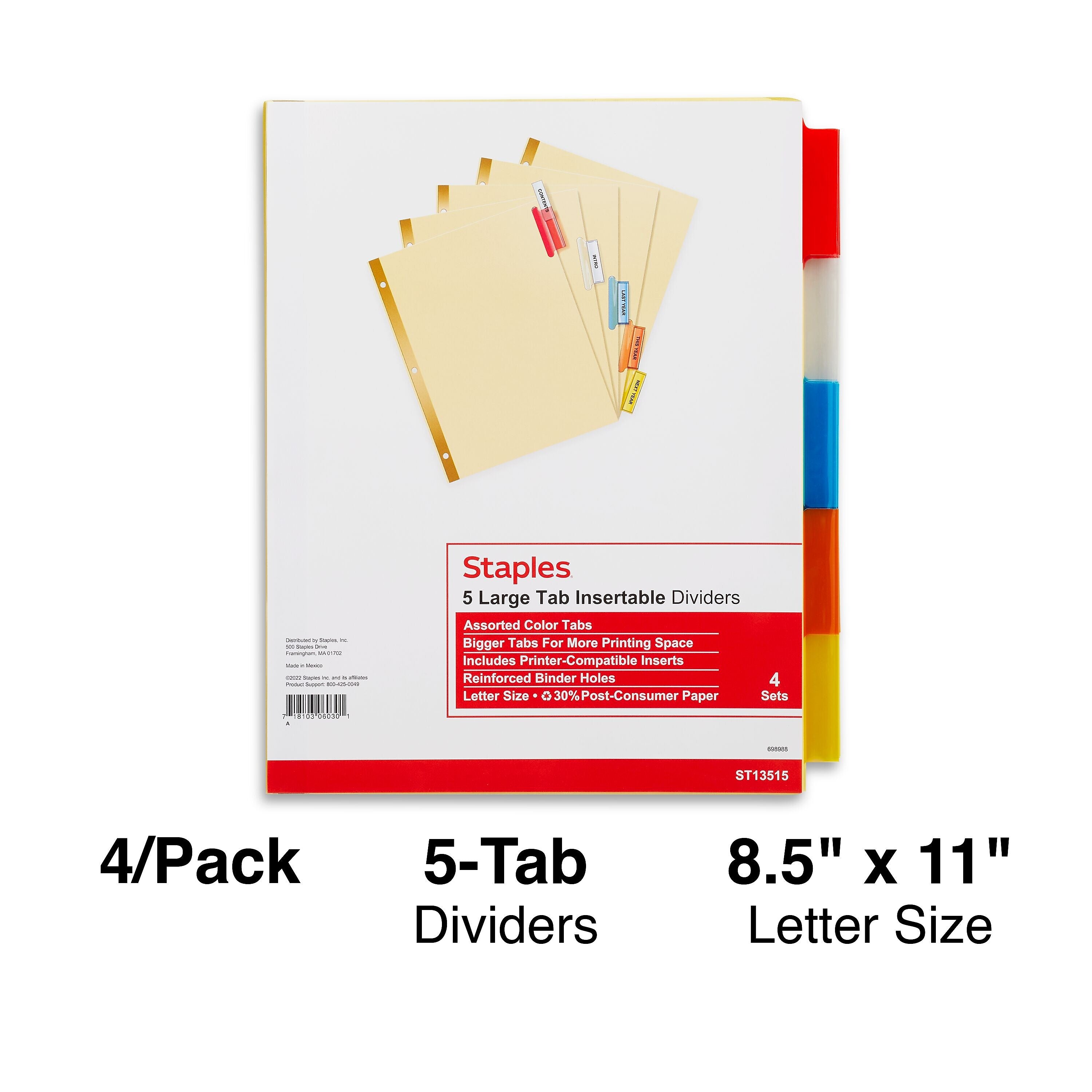Staples Large Tab Insertable Dividers, 5-Tab, Assorted Colors, 4/Pack