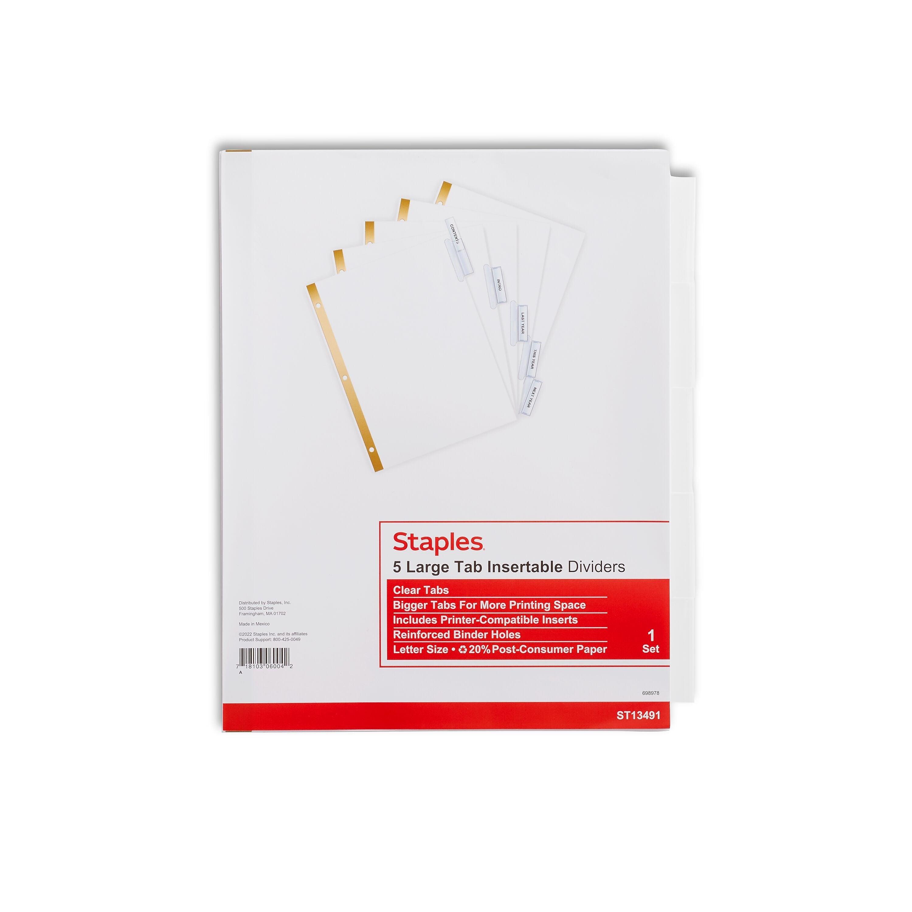 Staples Large Tab Insertable Dividers, 5-Tab, Clear