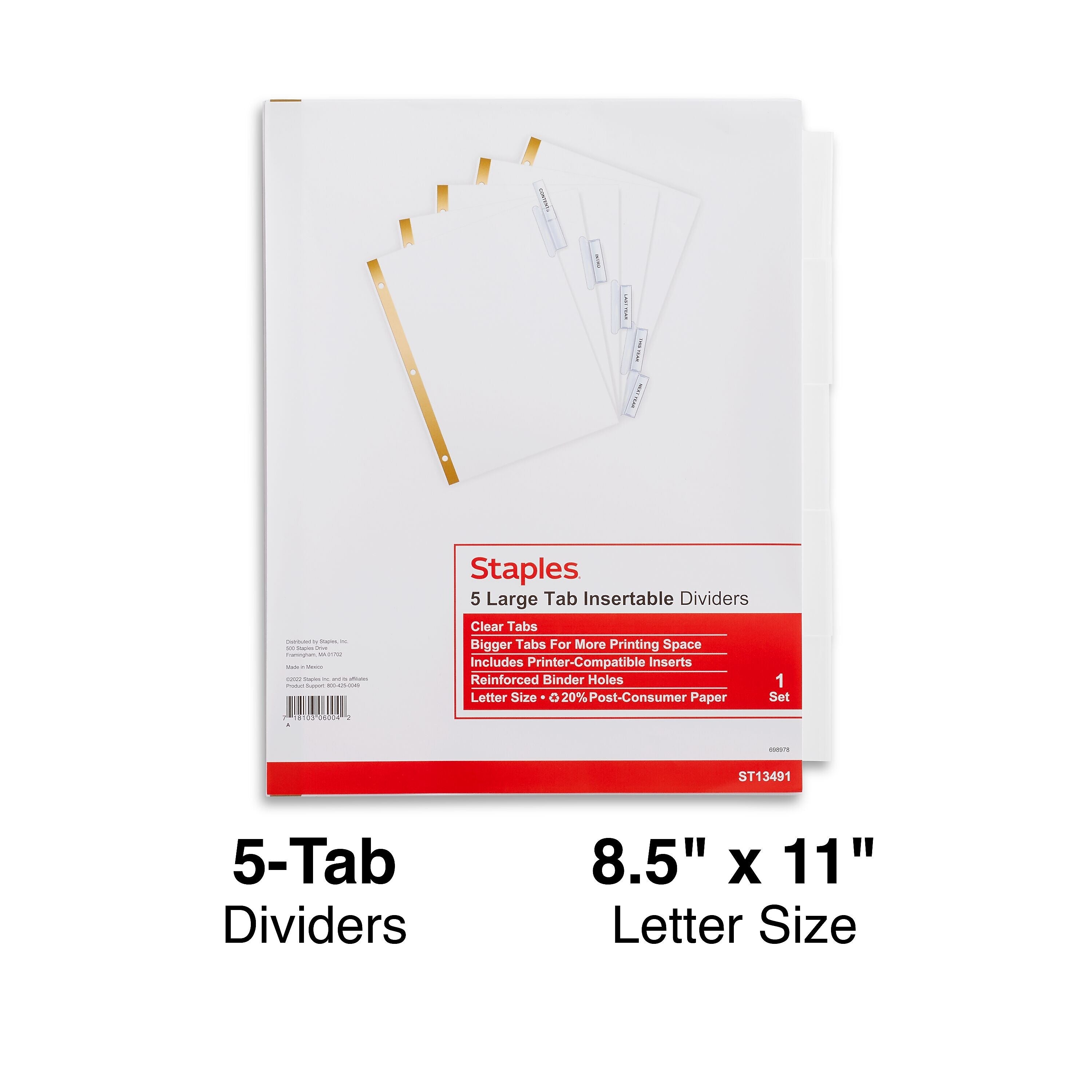 Staples Large Tab Insertable Dividers, 5-Tab, Clear