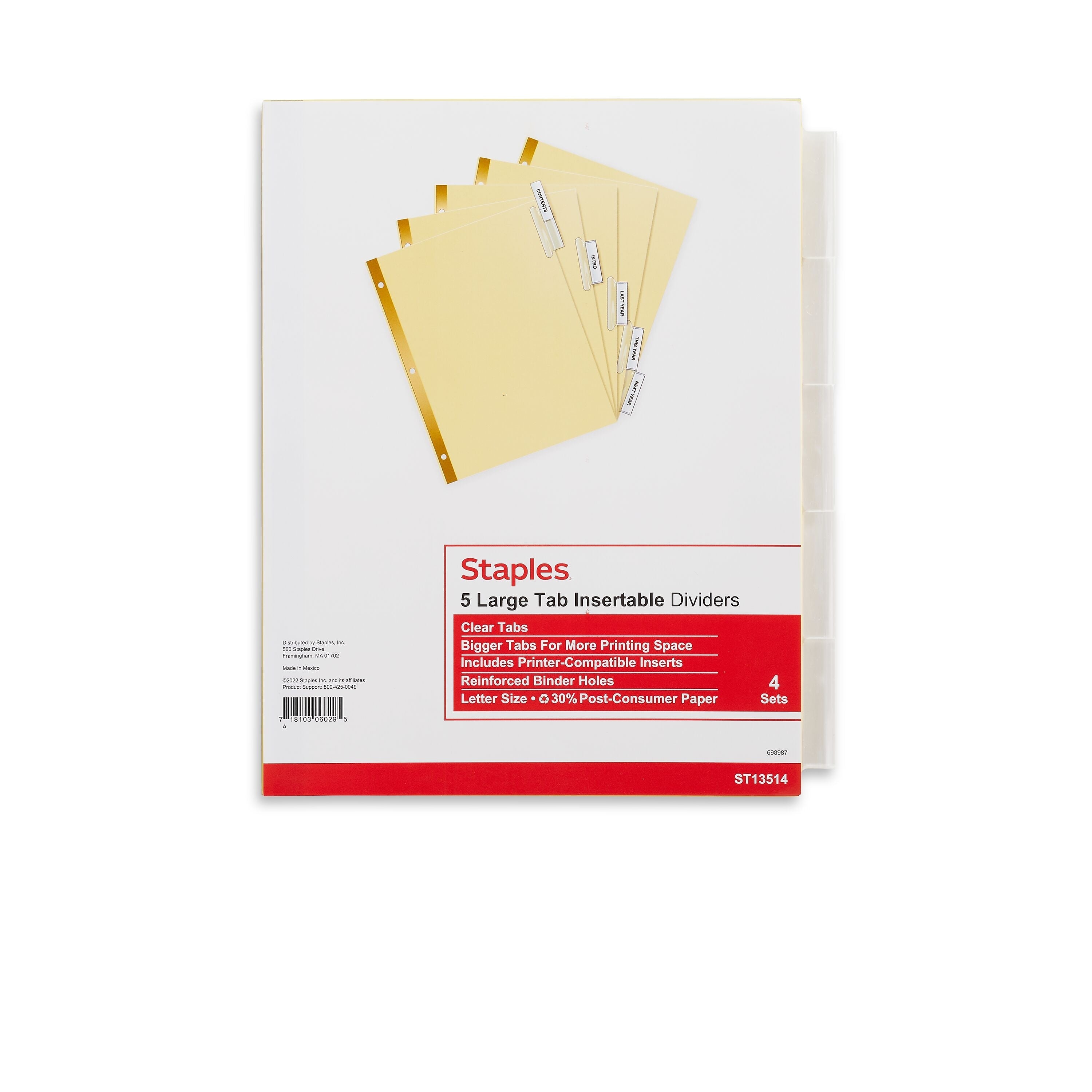 Staples Large Tab Insertable Dividers, 5-Tab, Clear, 4/Pack