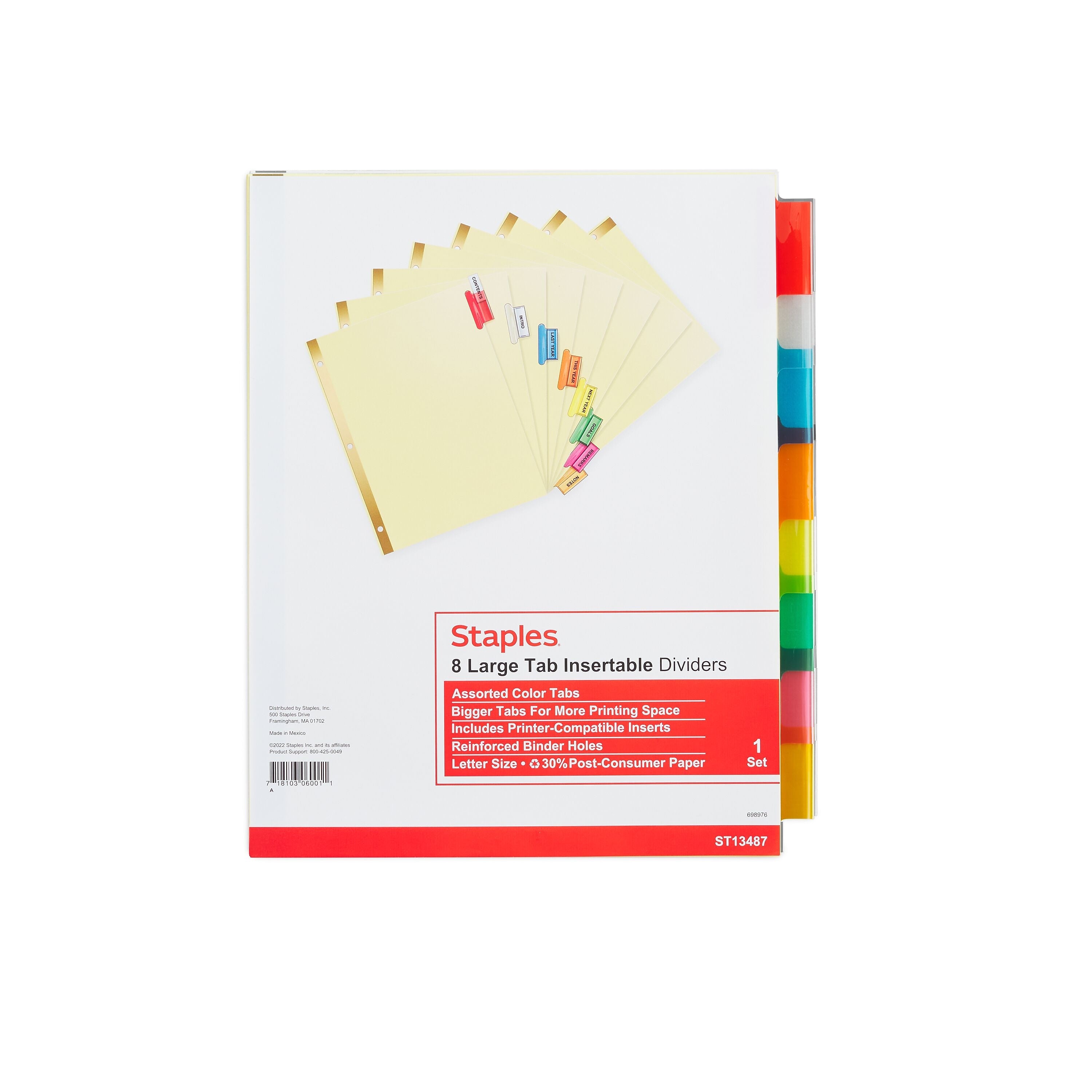 Staples Large Tab Insertable Dividers, 8-Tab, Assorted Colors