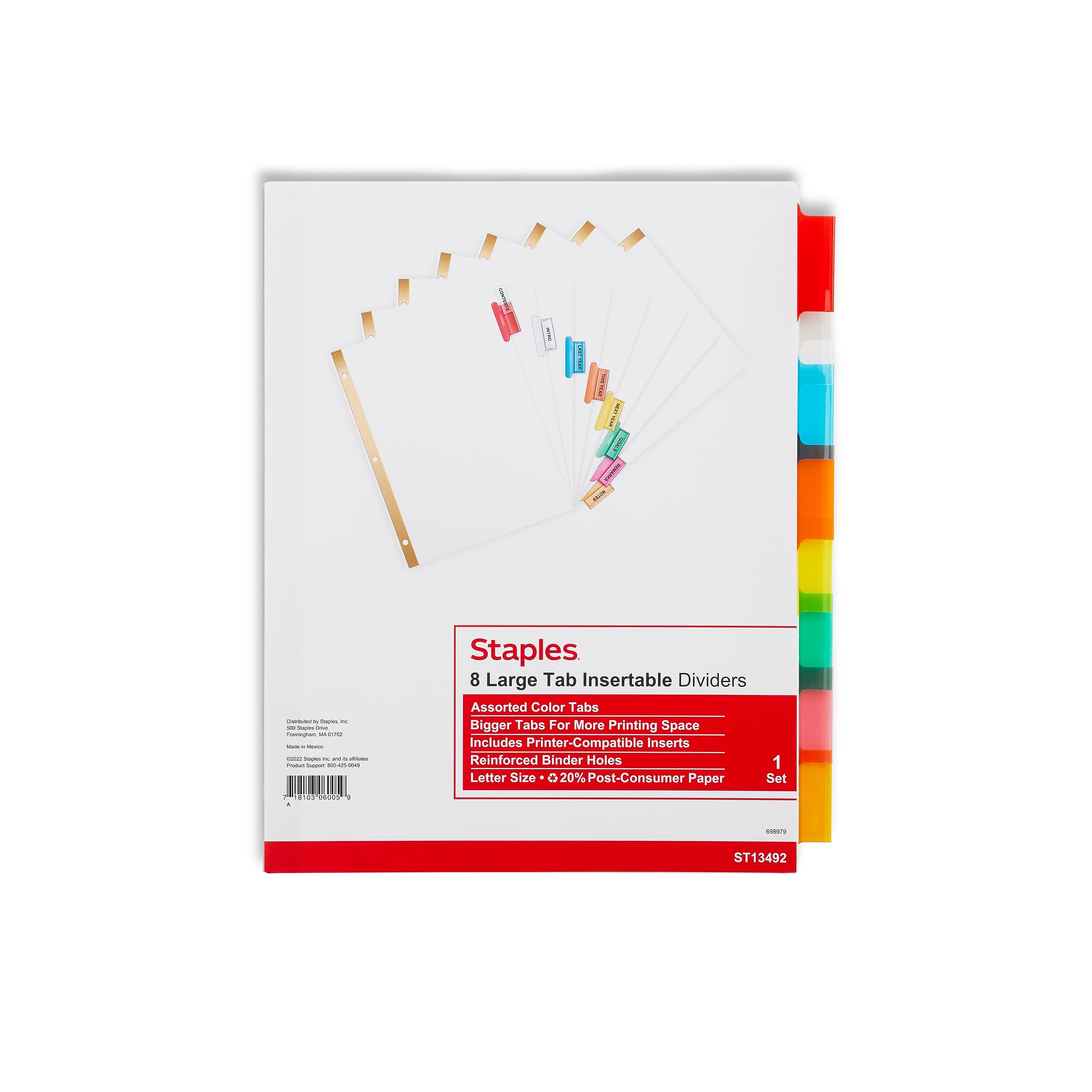 Staples Large Tab Insertable Dividers, 8-Tab, Assorted Colors