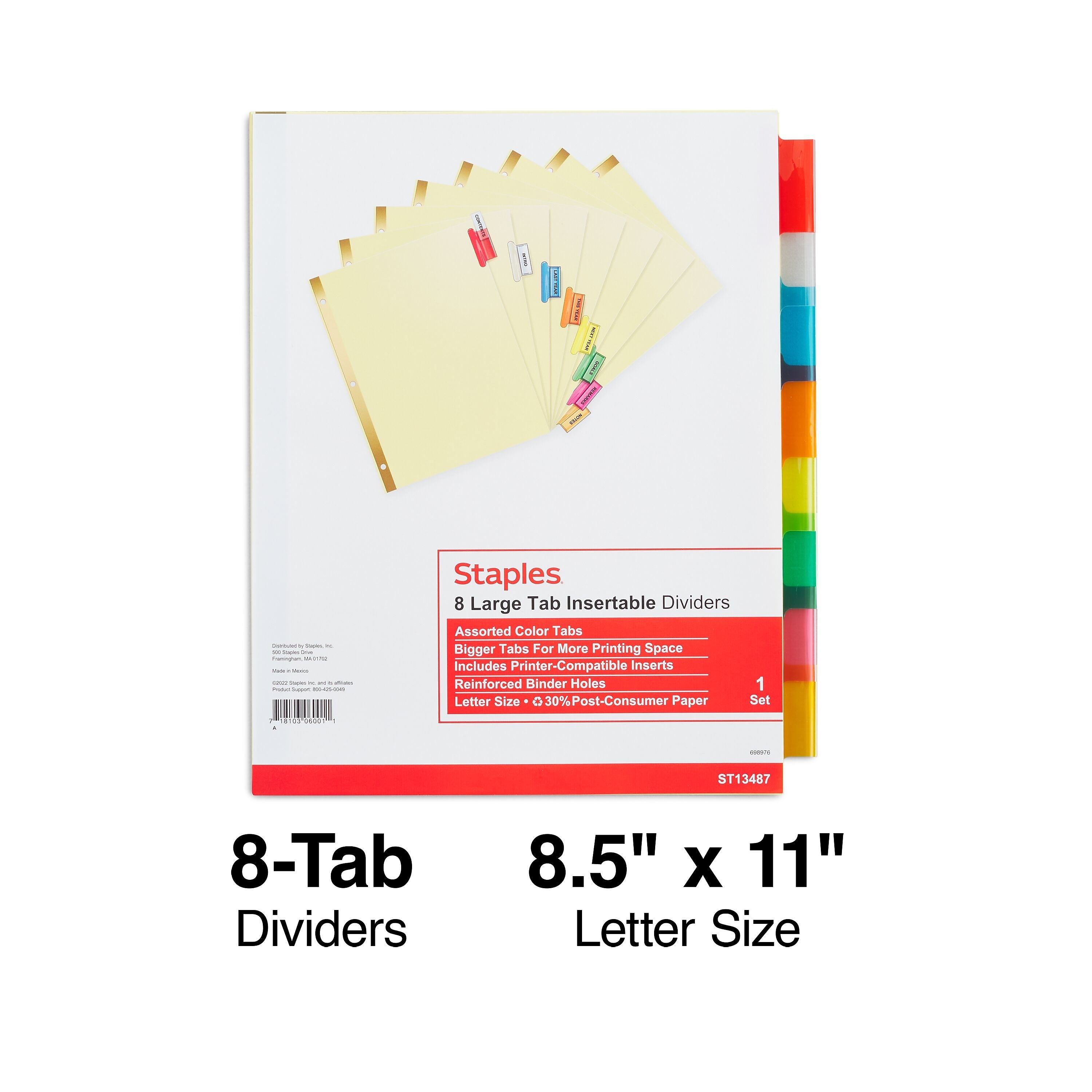 Staples Large Tab Insertable Dividers, 8-Tab, Assorted Colors