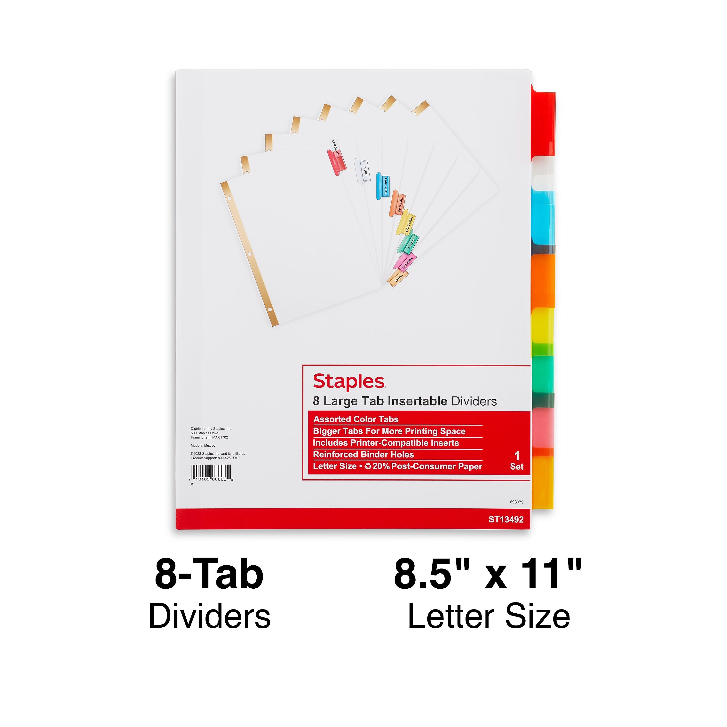 Staples Large Tab Insertable Dividers, 8-Tab, Assorted Colors